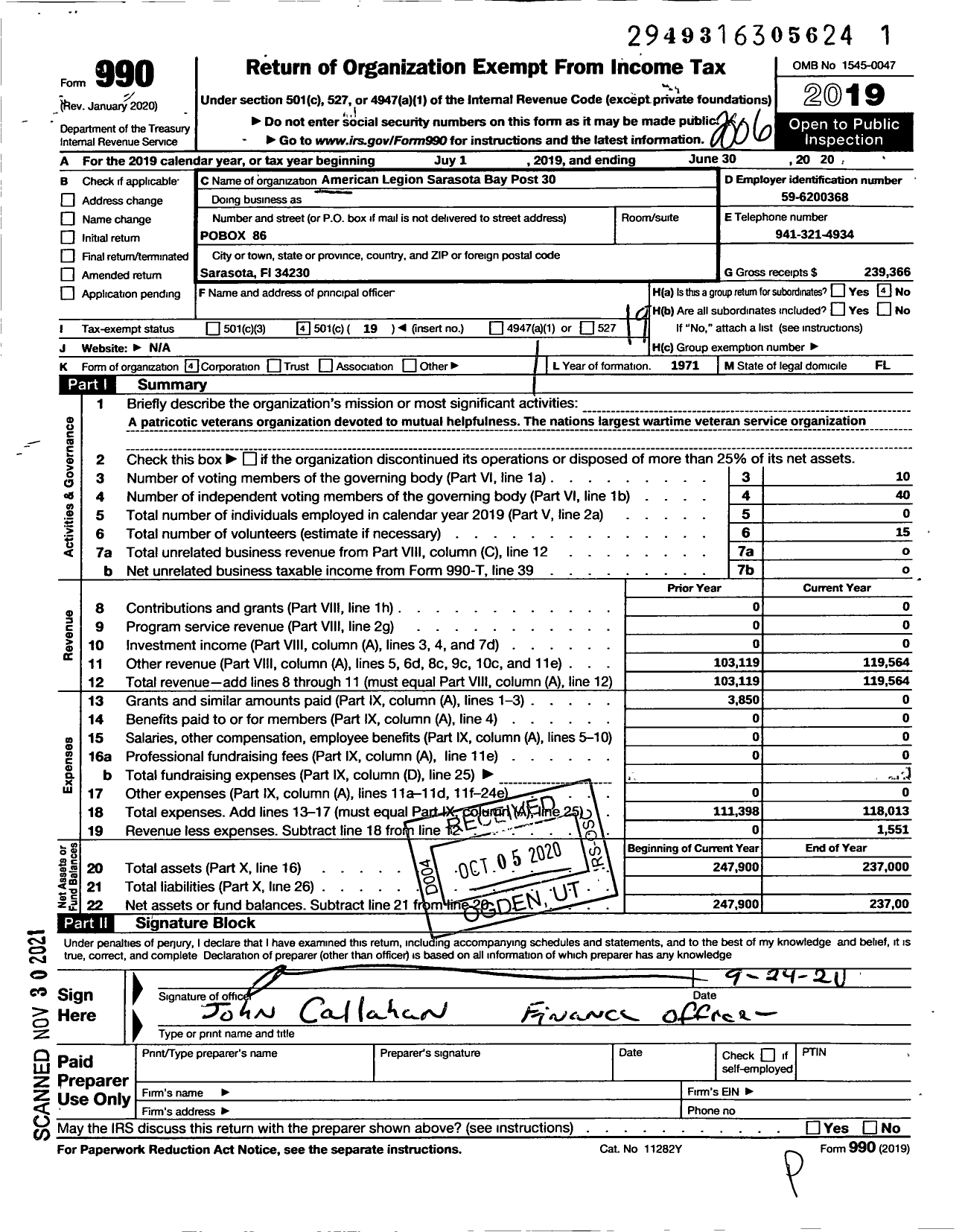 Image of first page of 2019 Form 990O for American Legion - Sarasota Bay Post 30