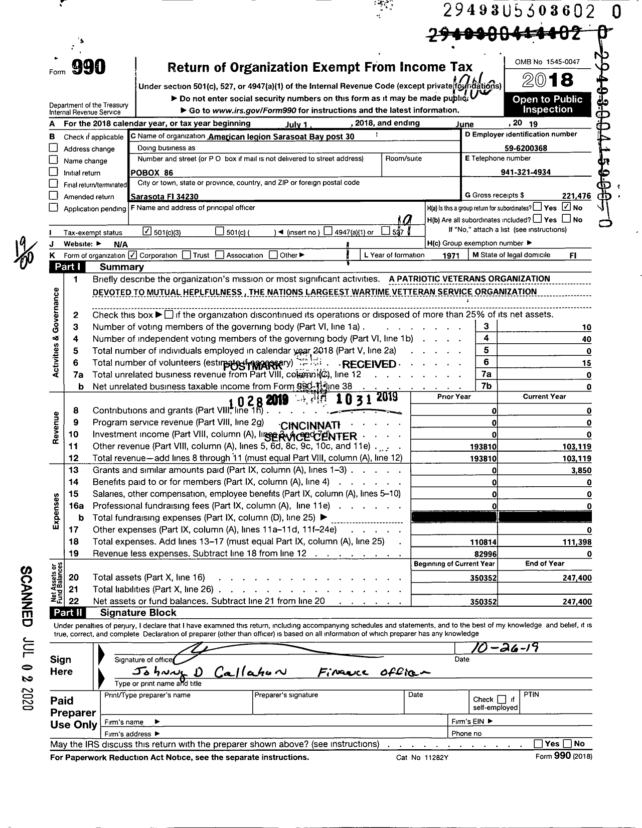 Image of first page of 2018 Form 990O for American Legion - Sarasota Bay Post 30