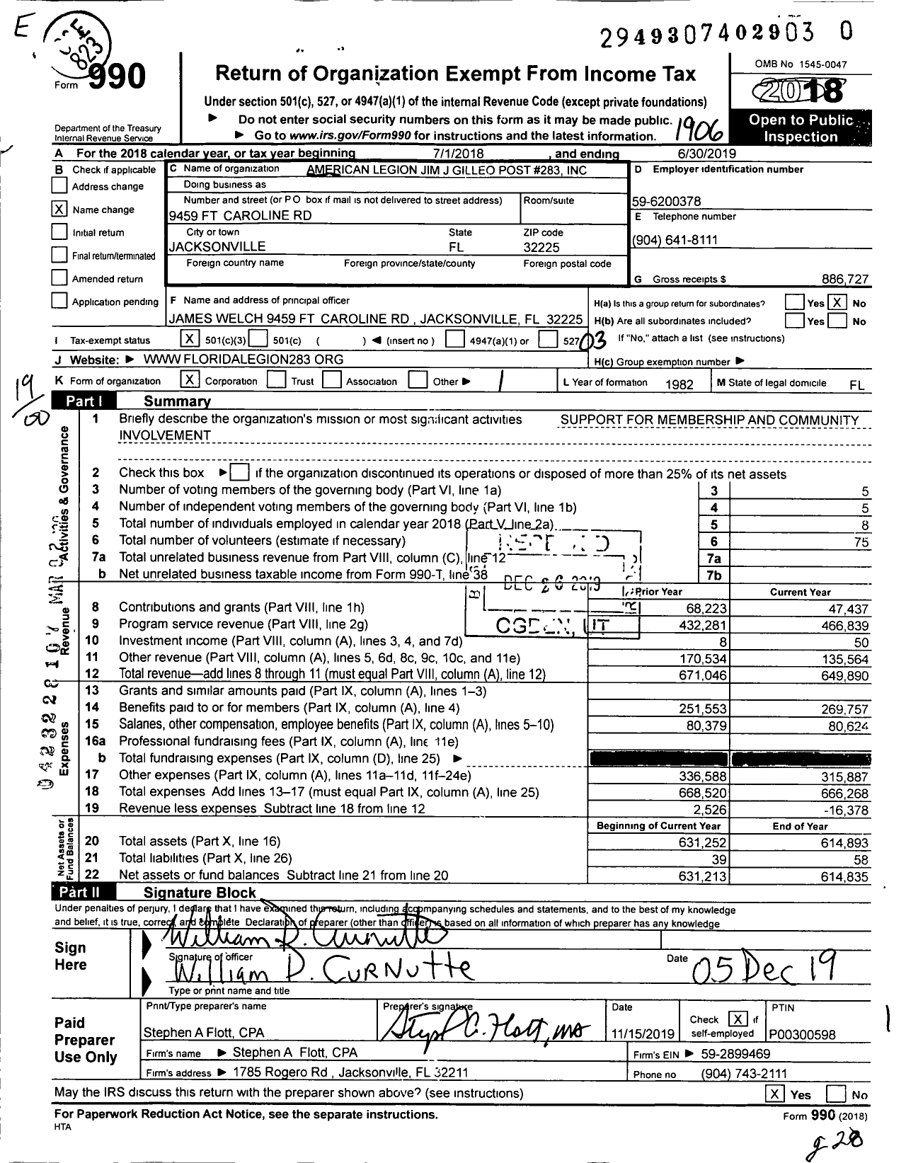 Image of first page of 2018 Form 990 for American Legion - 283 Post Jim J Gilleo