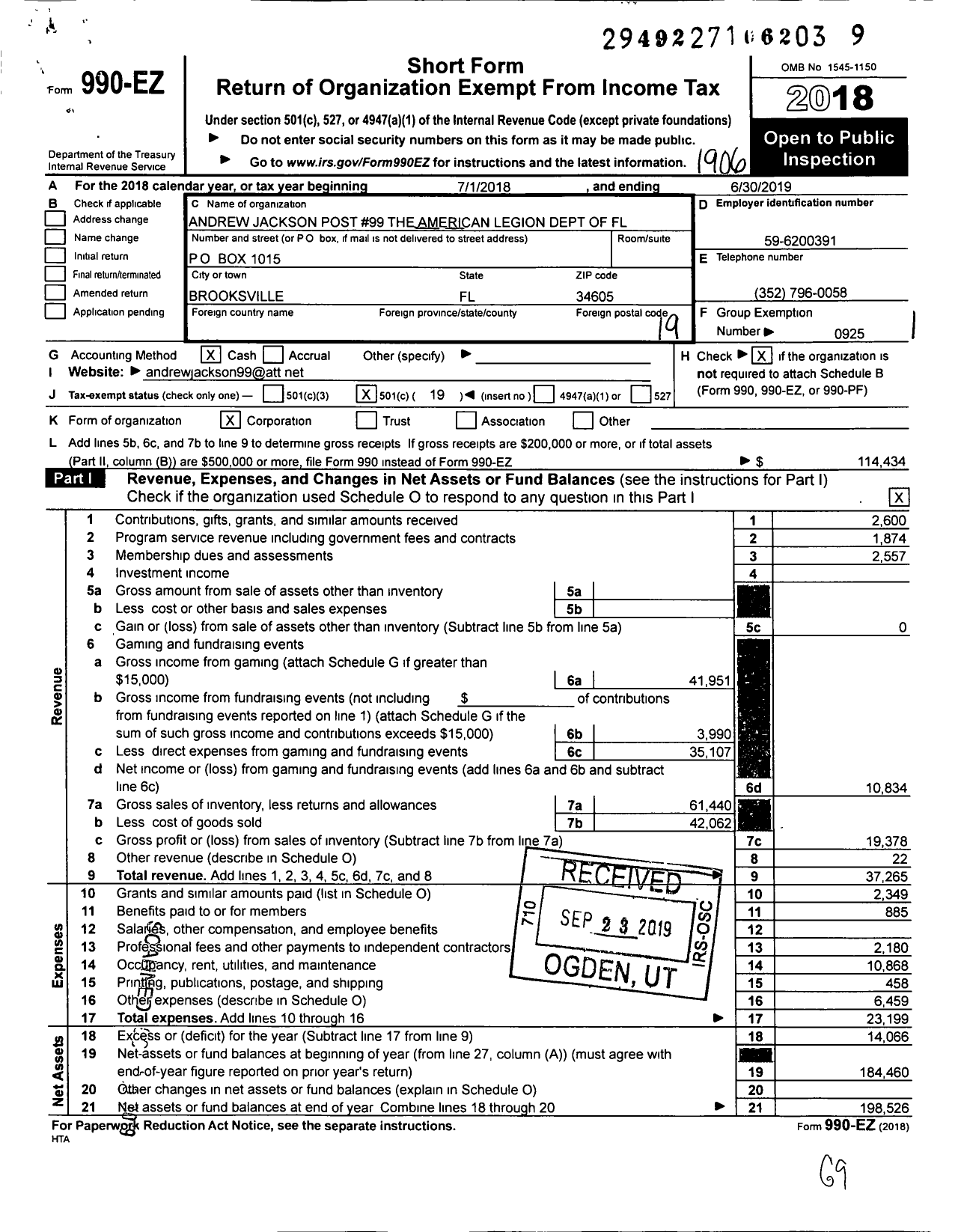 Image of first page of 2018 Form 990EO for American Legion - 99 Andrew Jackson FL Post