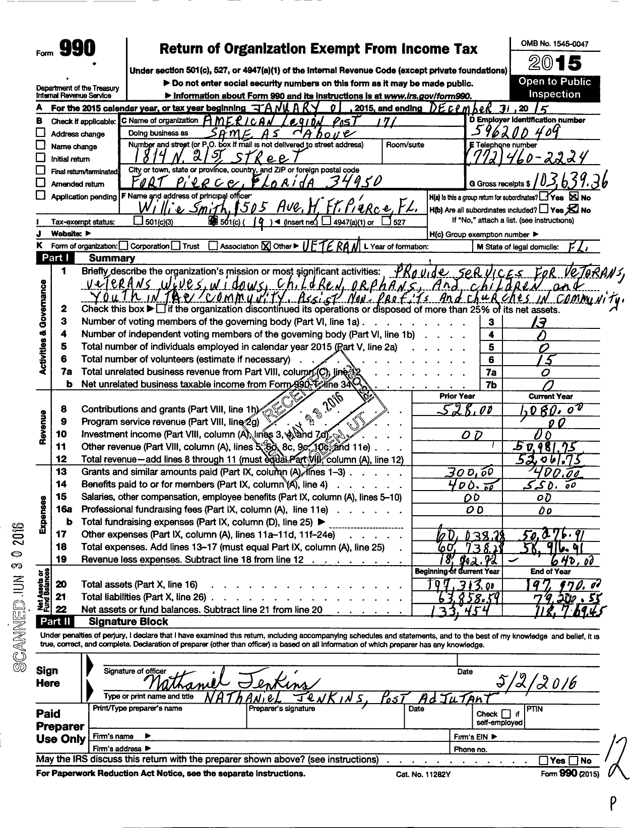 Image of first page of 2015 Form 990O for American Legion - 171 Charles O Hines FL Post