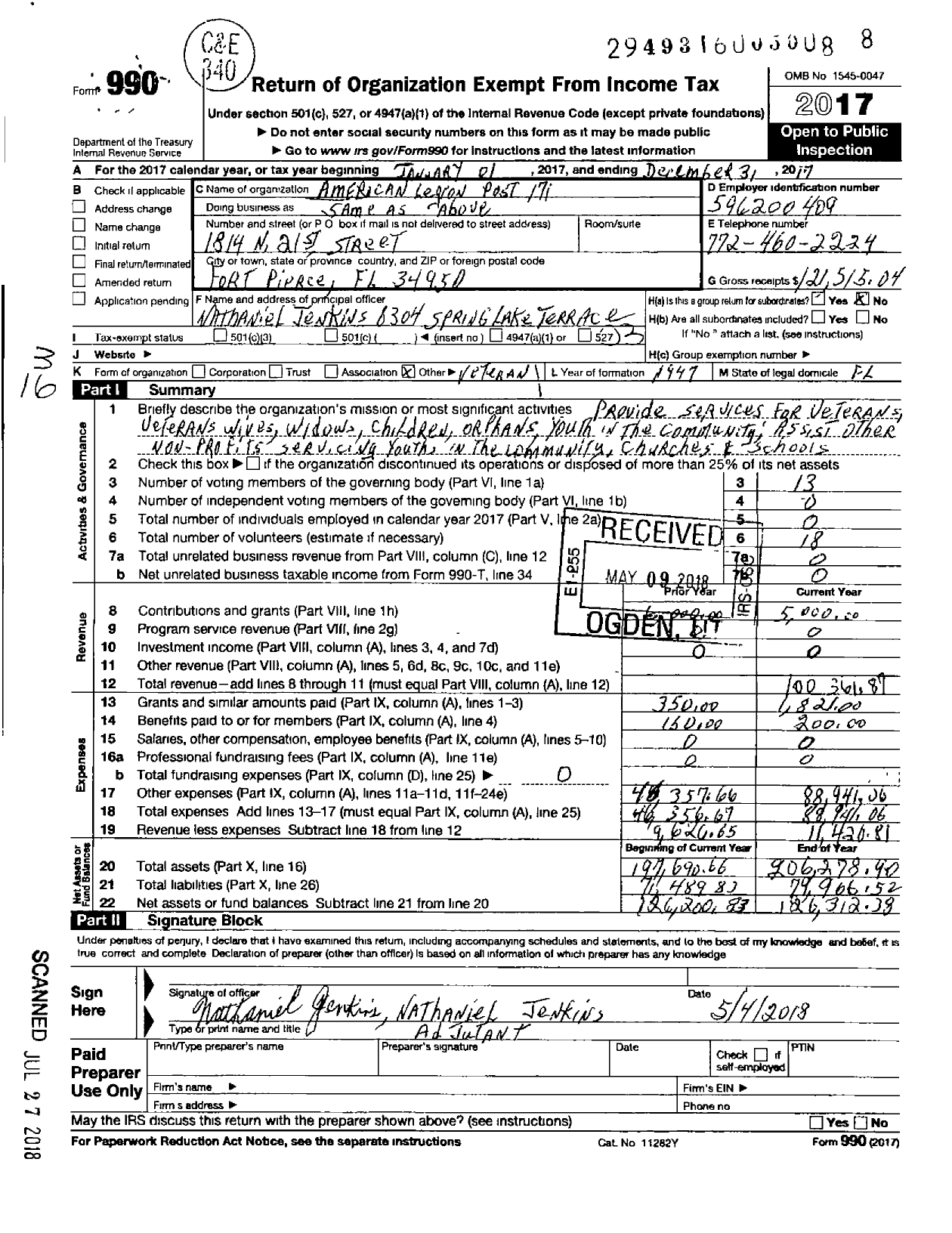 Image of first page of 2017 Form 990 for American Legion - 171 Charles O Hines FL Post