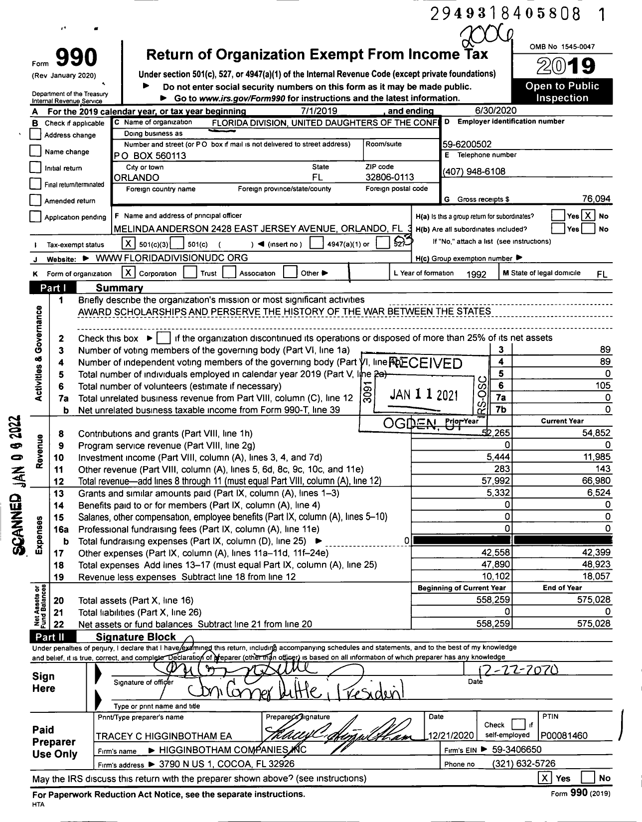 Image of first page of 2019 Form 990 for Florida Division United Daughters of the Confederacy