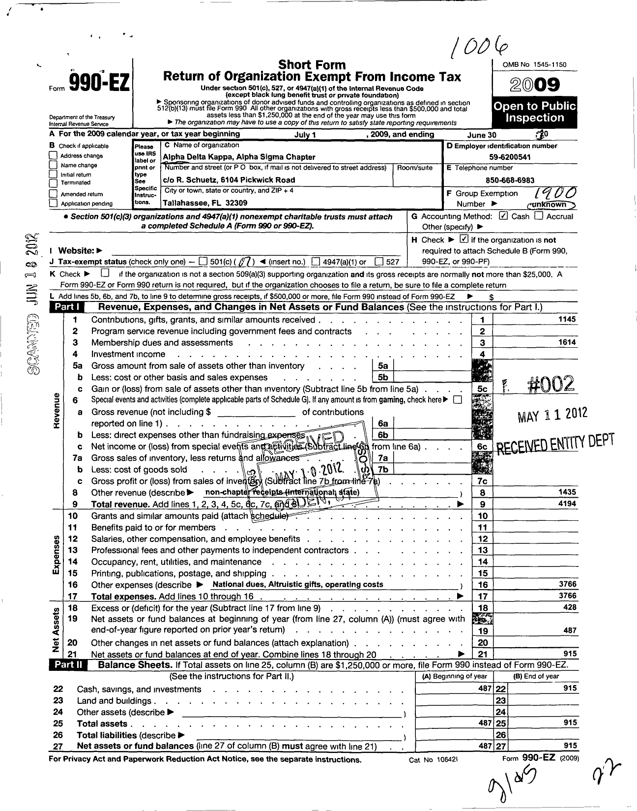 Image of first page of 2009 Form 990EO for Alpha Delta Kappa Sorority / Florida Alpha Sigma Chapter