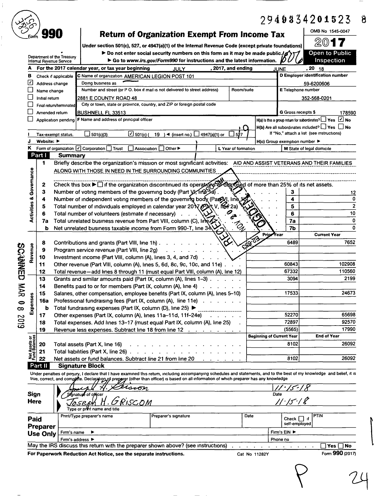 Image of first page of 2017 Form 990O for American Legion - 101 Garner-Grant