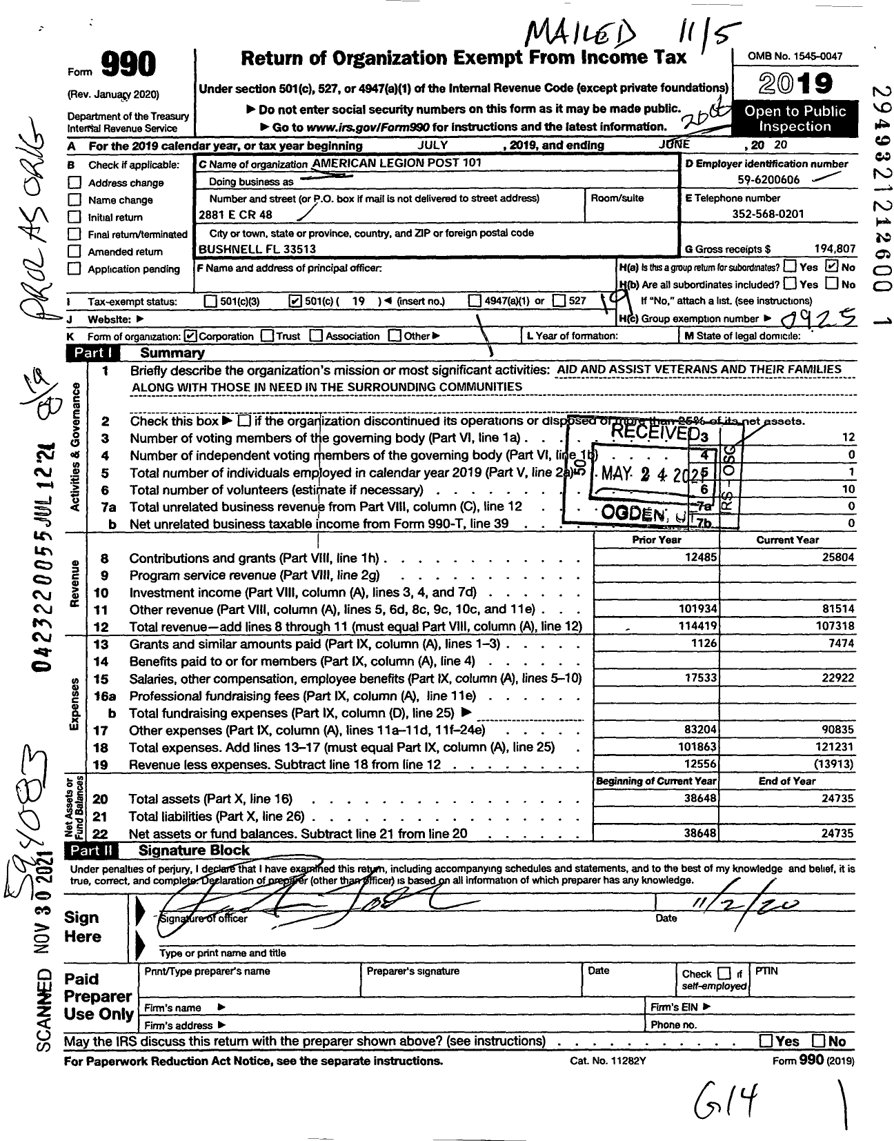 Image of first page of 2019 Form 990O for American Legion - 101 Garner-Grant