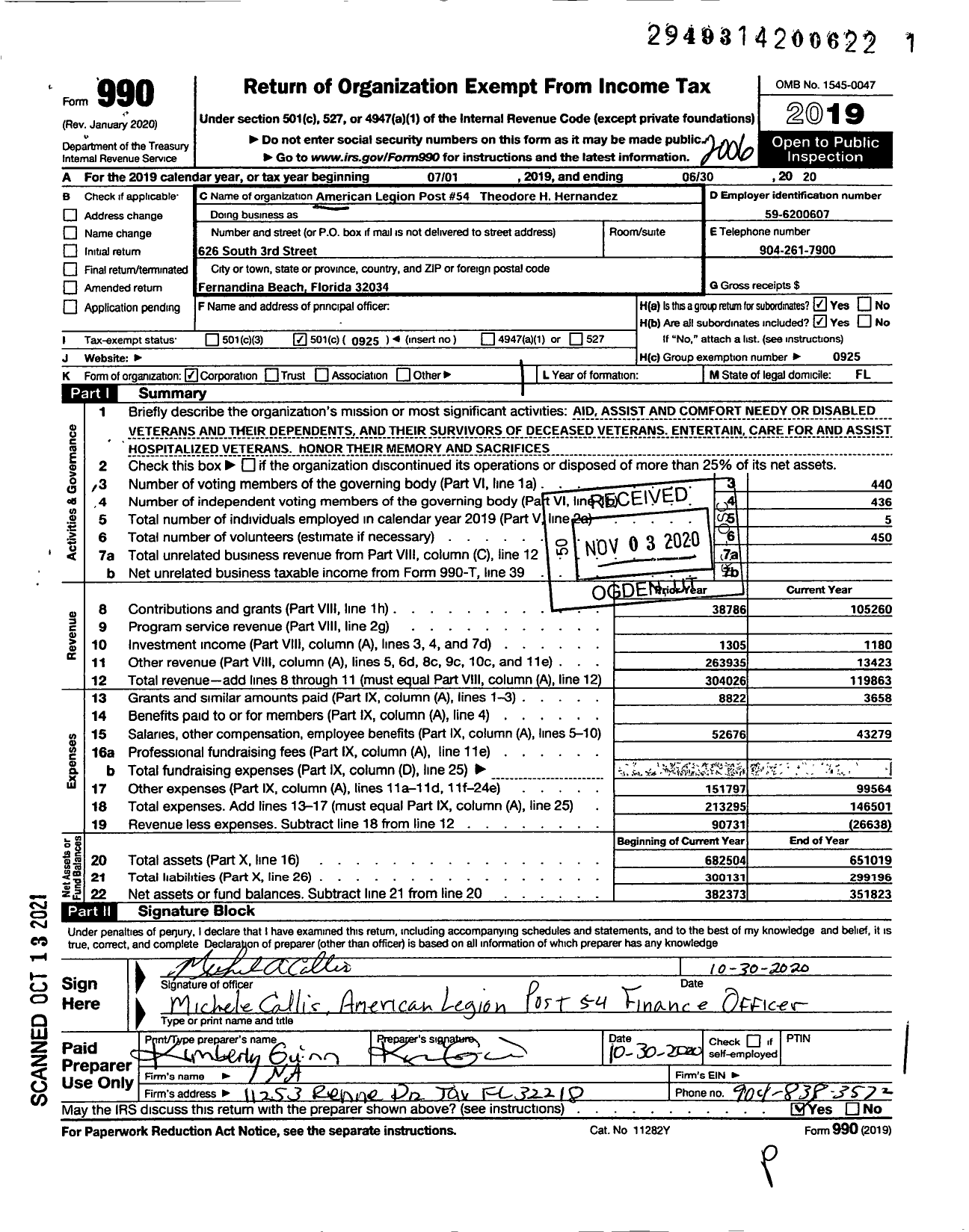 Image of first page of 2019 Form 990O for American Legion - 54 Theodore H Hernandez FL Post