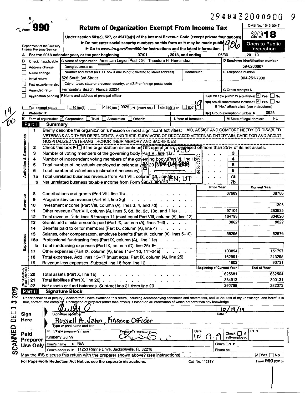 Image of first page of 2018 Form 990O for American Legion - 54 Theodore H Hernandez FL Post