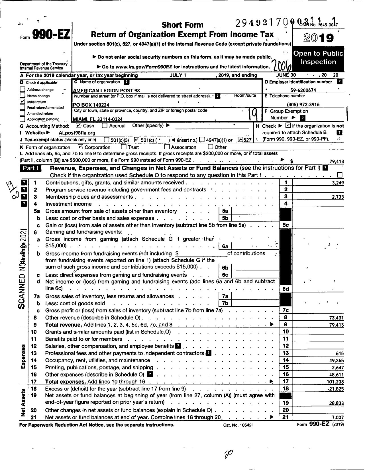 Image of first page of 2019 Form 990EO for American Legion - 98 Coral Gables