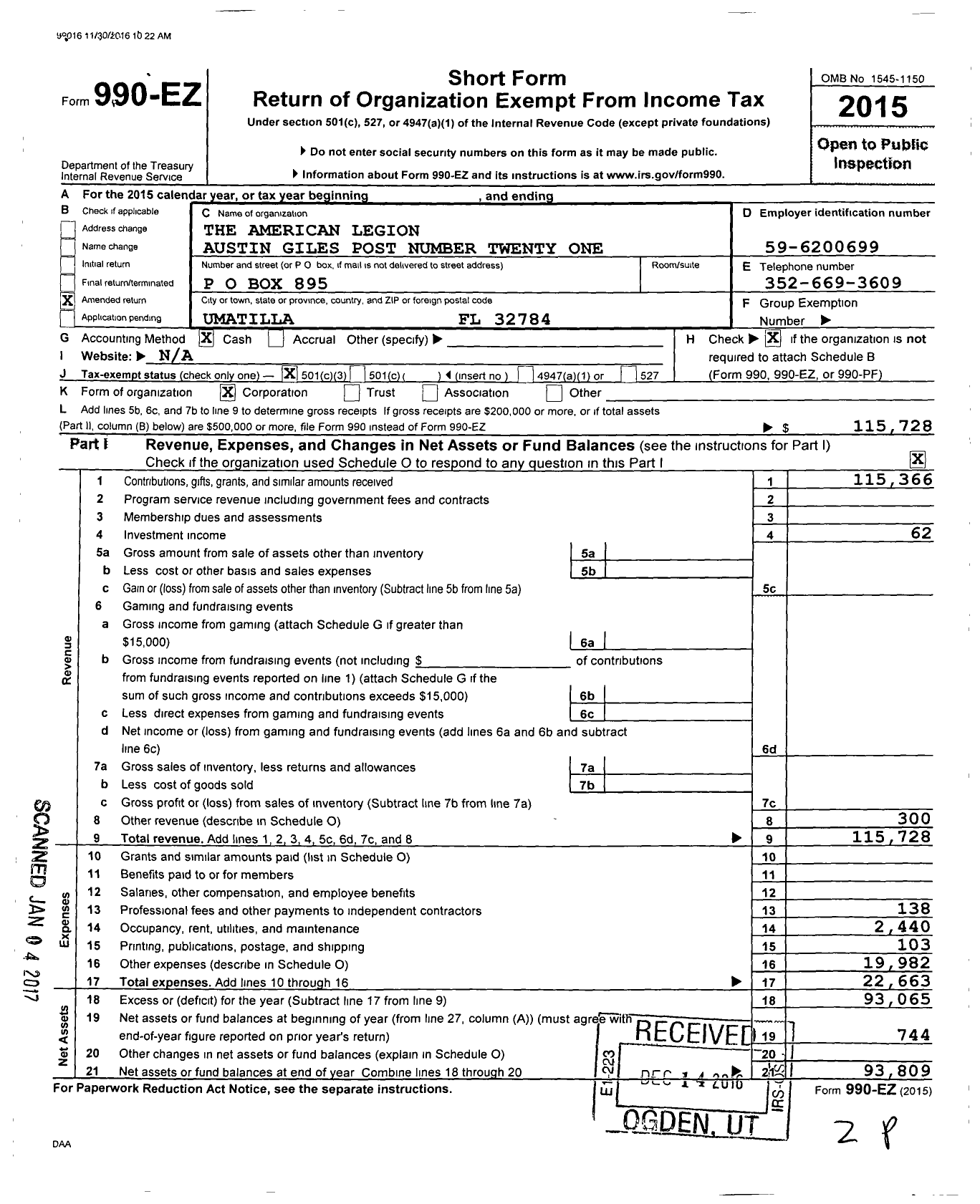 Image of first page of 2015 Form 990EZ for American Legion - 21 Austin Giles