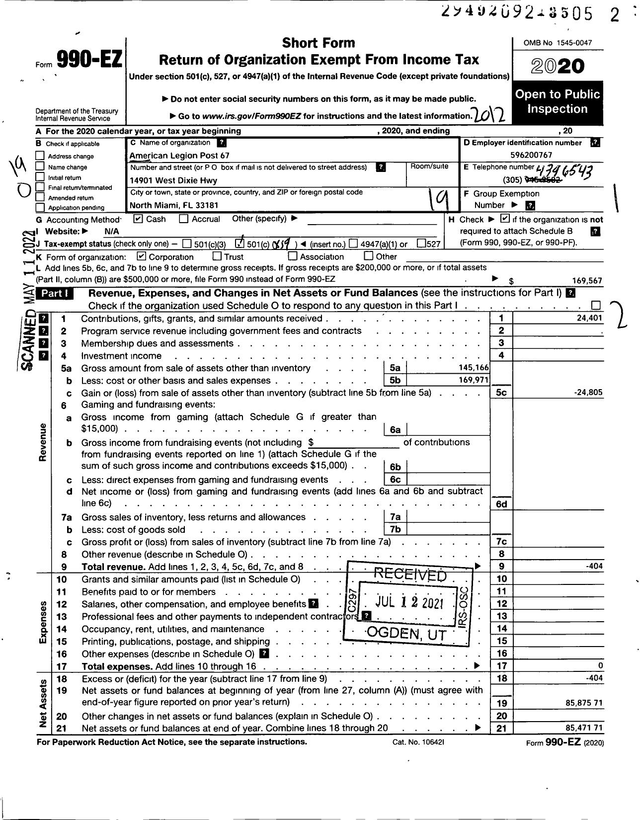 Image of first page of 2020 Form 990EO for AMERICAN LEGION - 67 J Frank Cavanaugh Post