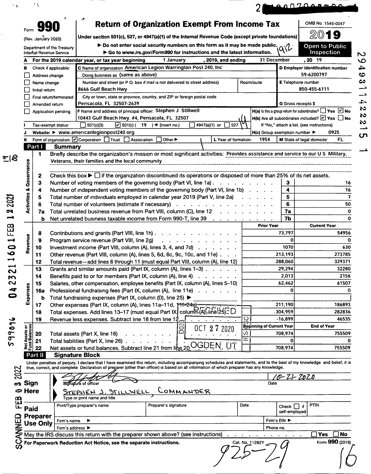 Image of first page of 2019 Form 990O for American Legion Warrington Post 240