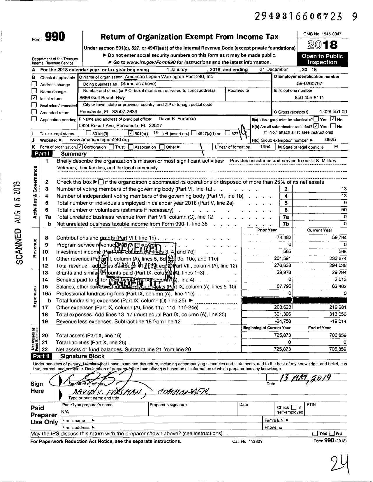 Image of first page of 2018 Form 990O for American Legion Warrington Post 240