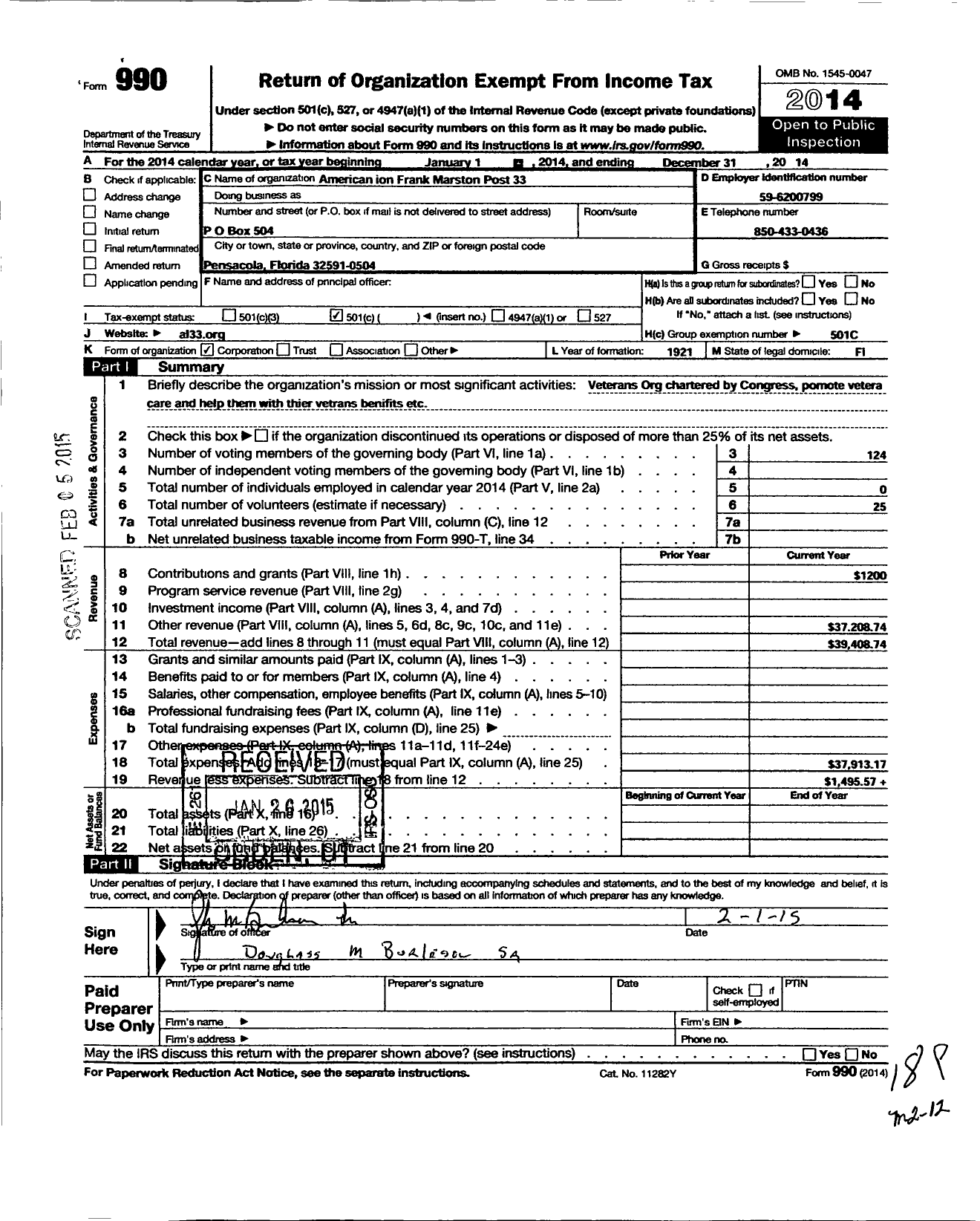 Image of first page of 2014 Form 990O for American Legion - 33 Frank Marston FL Post