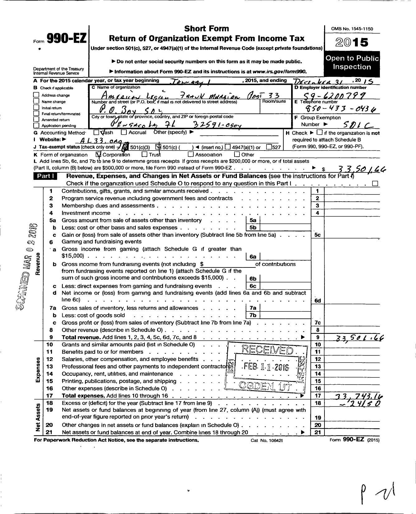 Image of first page of 2015 Form 990EO for American Legion - 33 Frank Marston FL Post