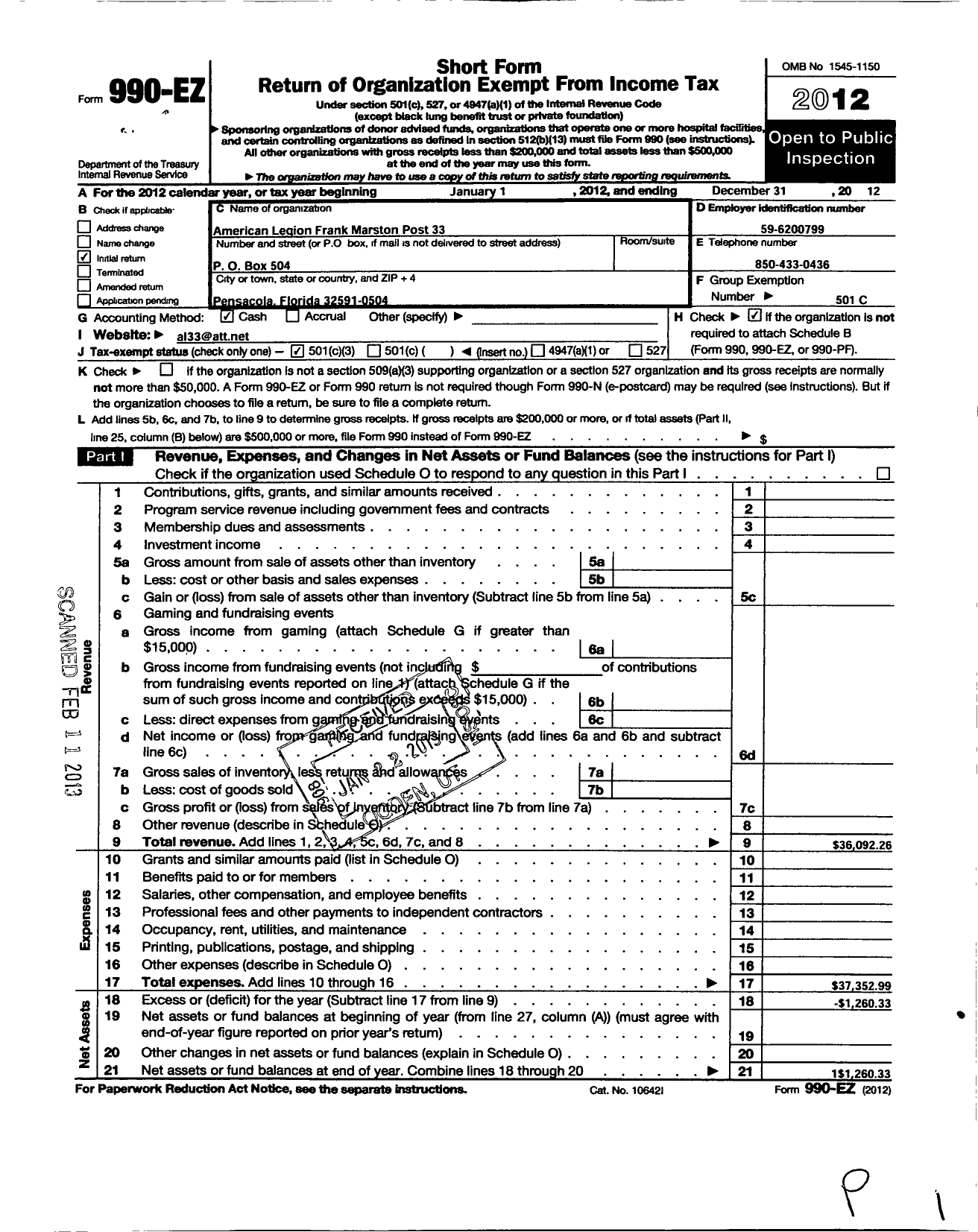 Image of first page of 2012 Form 990EZ for American Legion - 33 Frank Marston FL Post