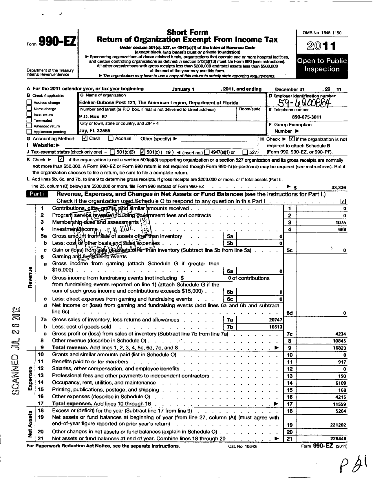 Image of first page of 2011 Form 990EO for American Legion - Edeker Du Bose Post 121