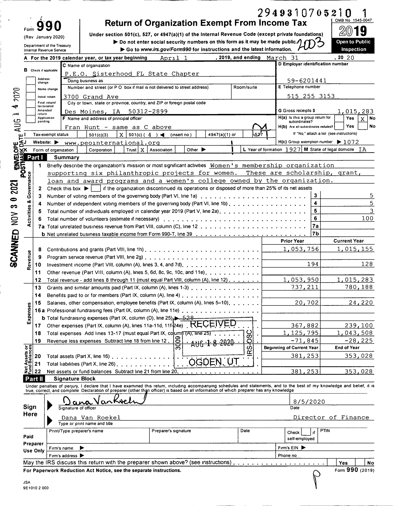 Image of first page of 2019 Form 990O for PEO Sisterhood International - FL State Chapter