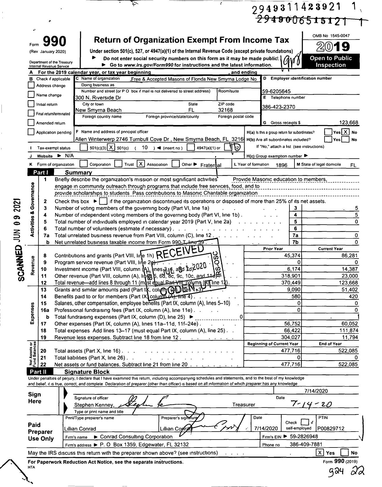 Image of first page of 2019 Form 990O for Free and Accepted Masons of Florida - 149 New Smyrna Lodge