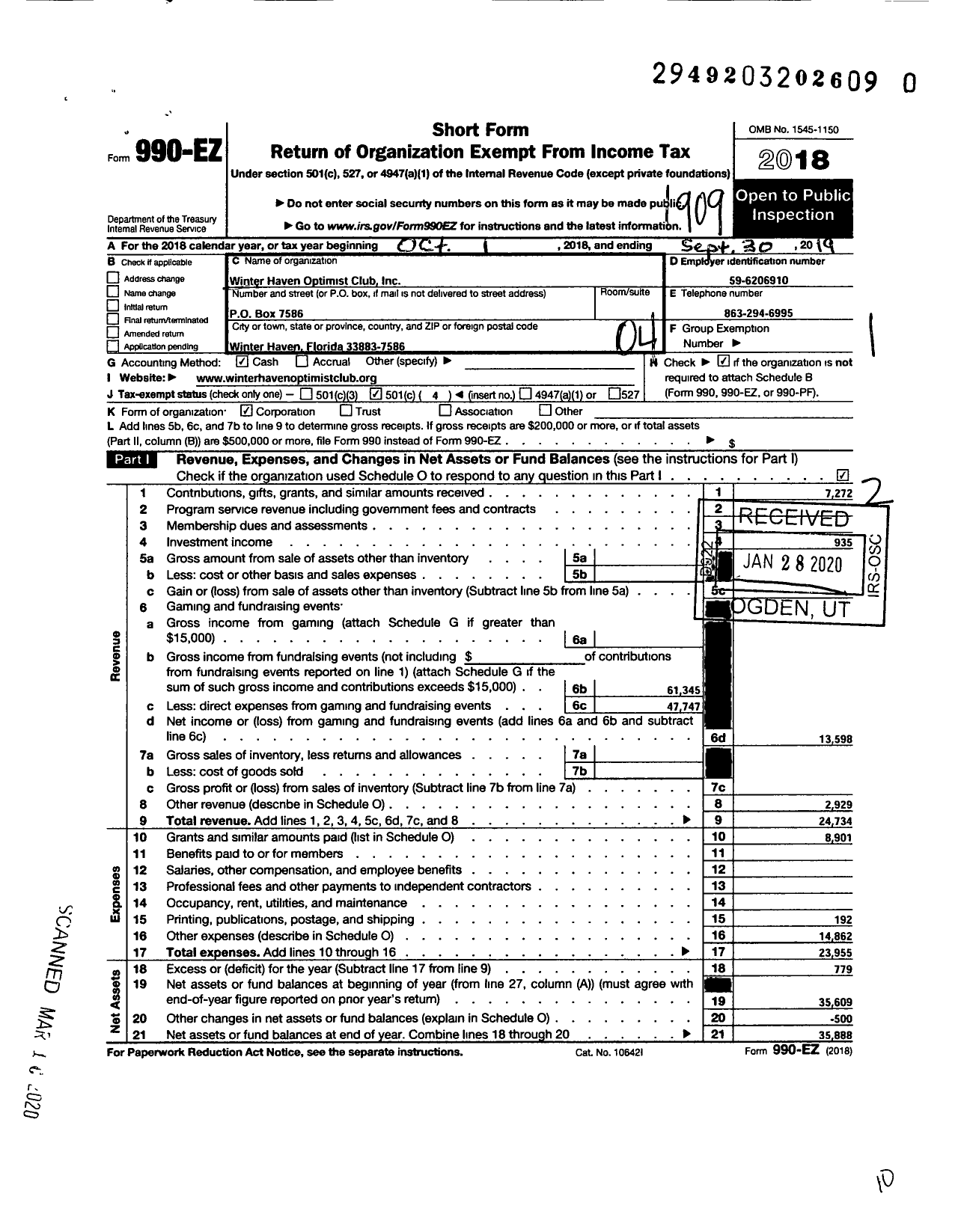 Image of first page of 2018 Form 990EO for Optimist International - 60144 Winter Haven FL
