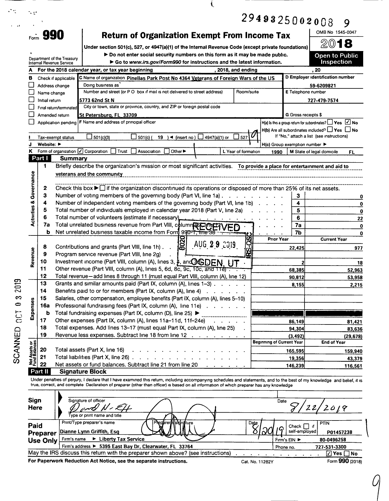 Image of first page of 2018 Form 990O for VFW Department Of Florida - 4364 Pinellas Park Post