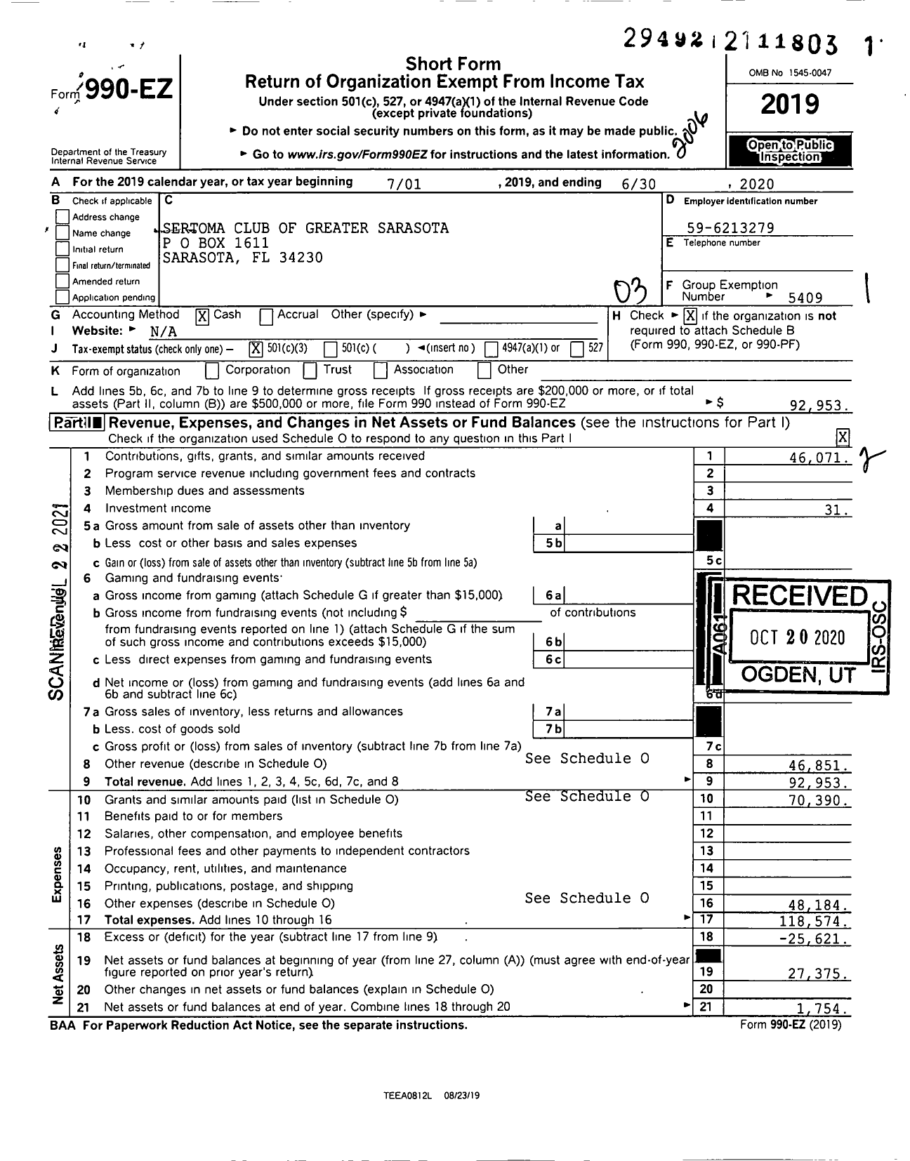 Image of first page of 2019 Form 990EZ for Sertoma - 10404 Sertoma Club of Greater Saras