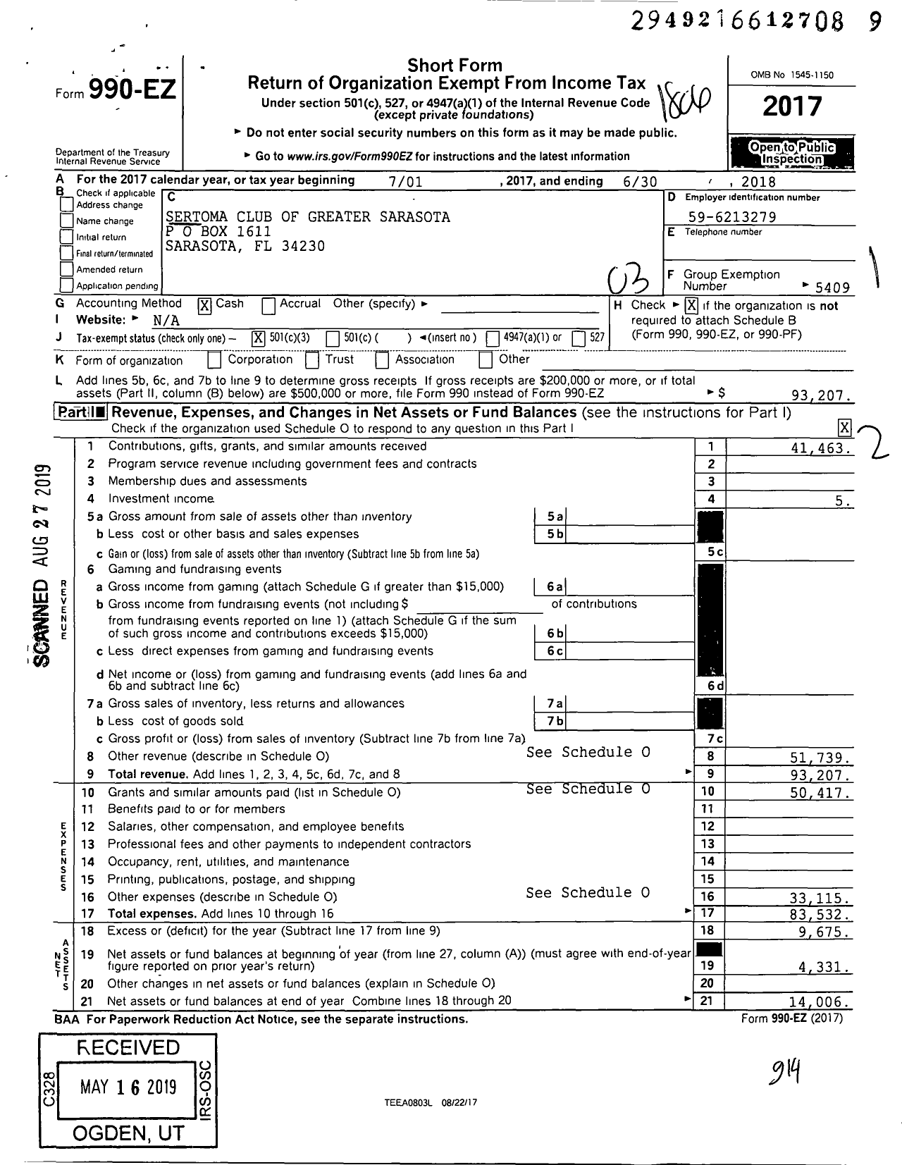 Image of first page of 2017 Form 990EZ for Sertoma - 10404 Sertoma Club of Greater Saras