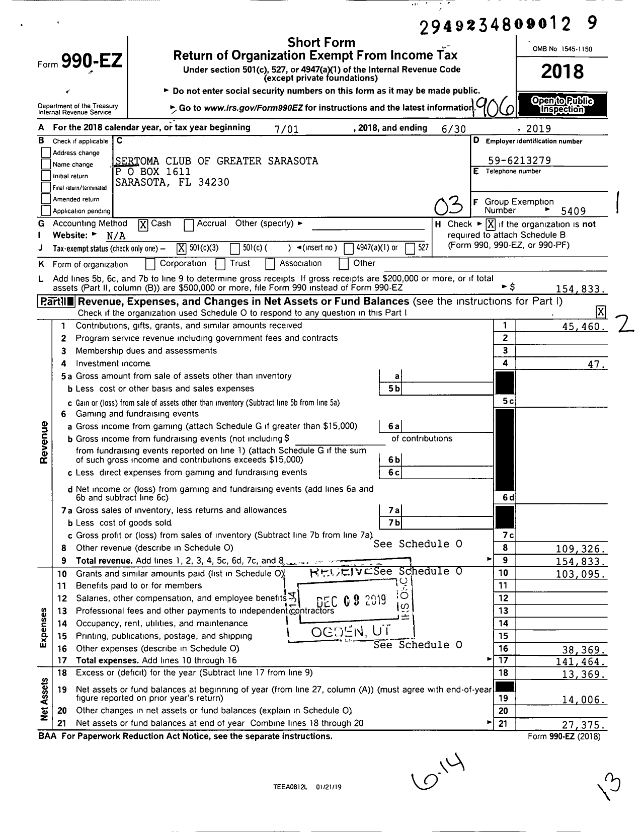 Image of first page of 2018 Form 990EZ for Sertoma - 10404 Sertoma Club of Greater Saras