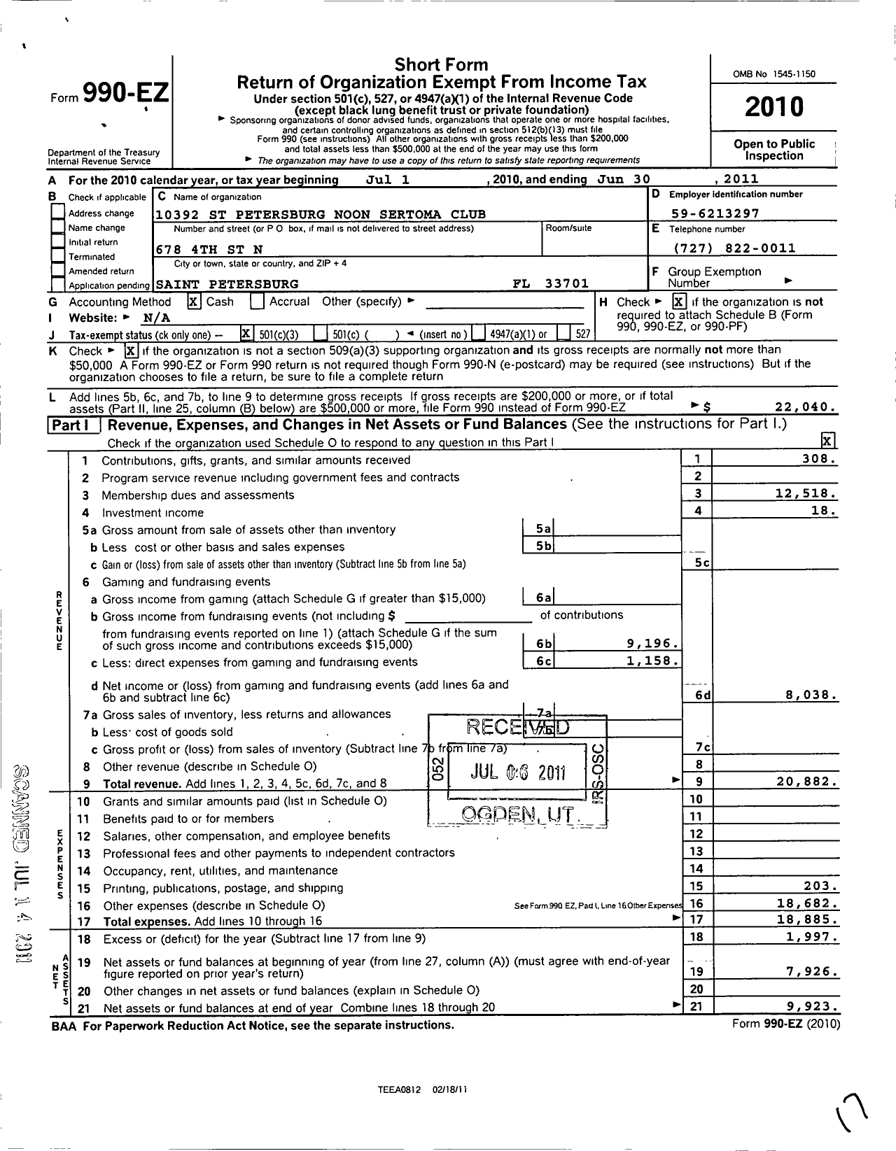 Image of first page of 2010 Form 990EZ for Sertoma