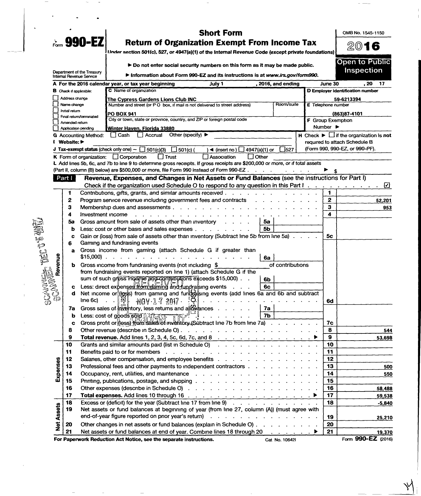 Image of first page of 2016 Form 990EO for Lions Clubs - 12625 Cypress Gardens