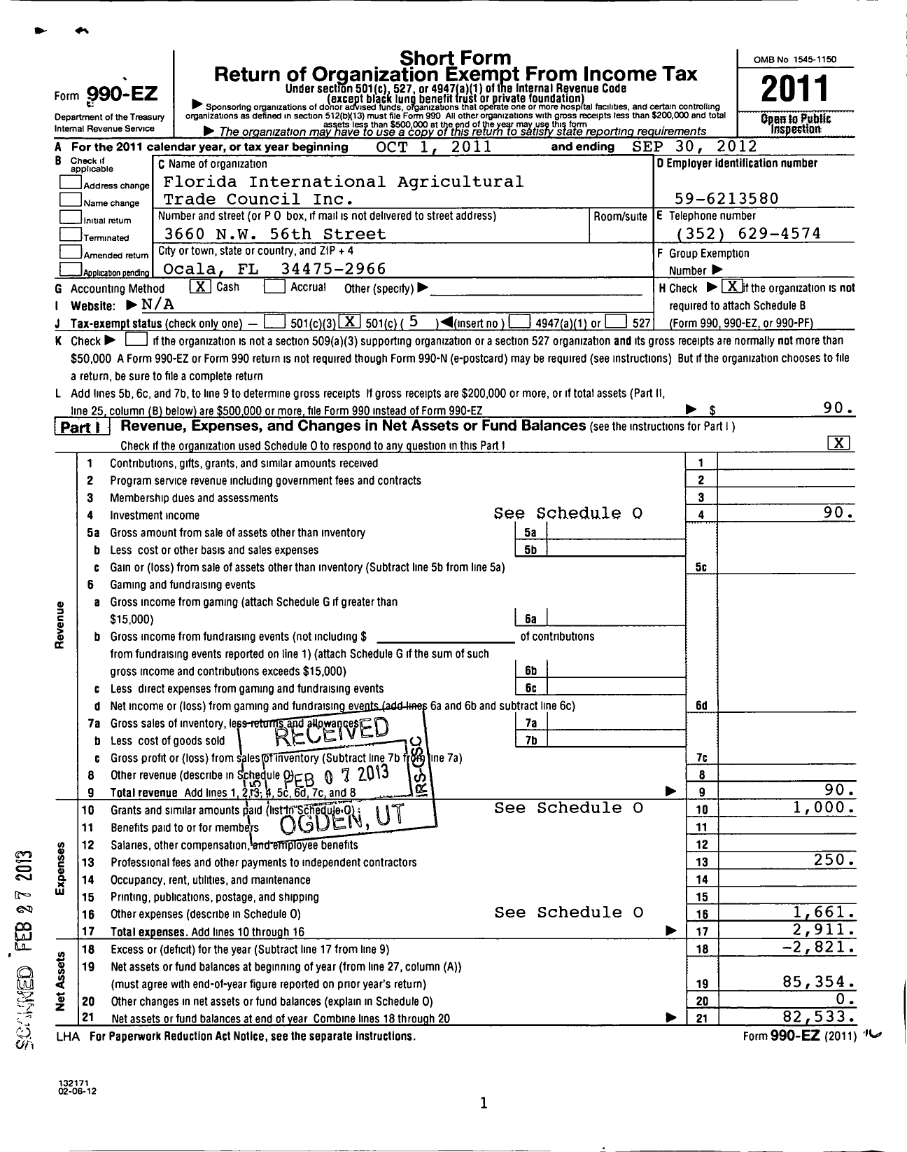 Image of first page of 2011 Form 990EO for Florida International Agricultural Trade Council