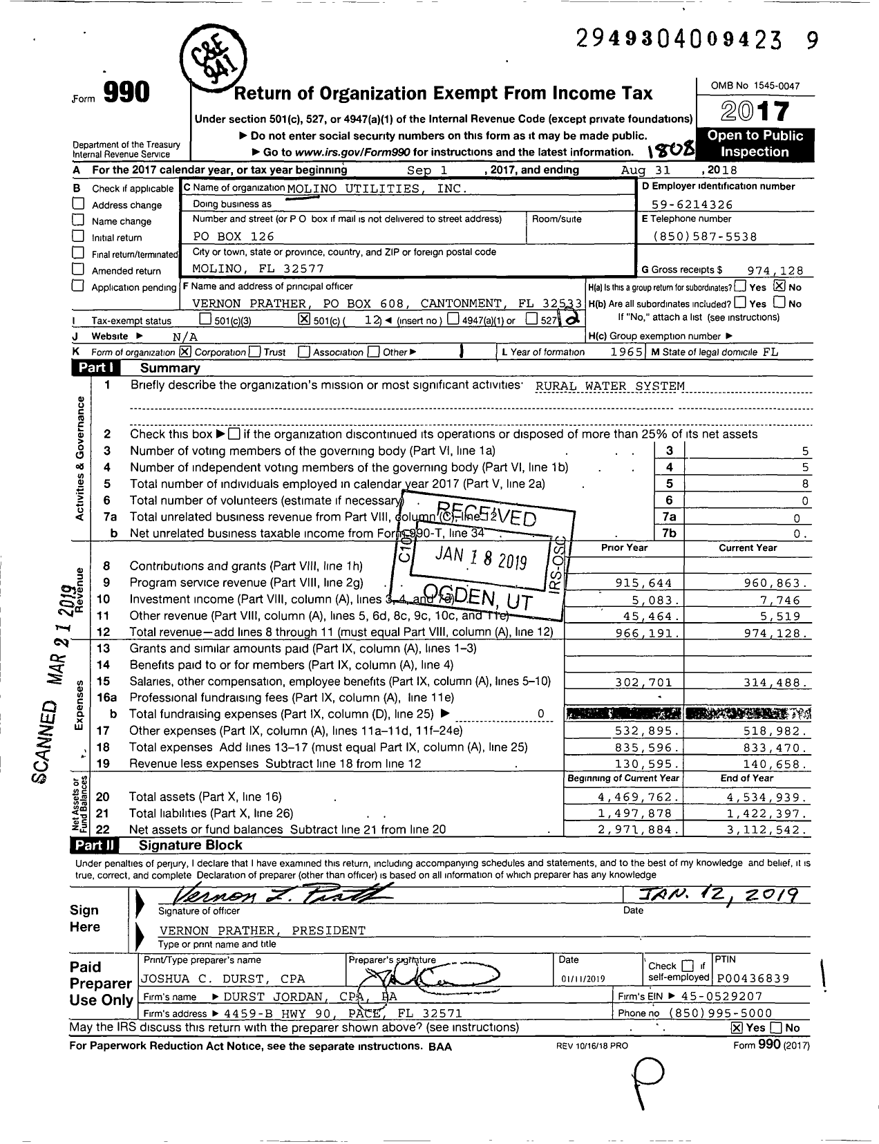 Image of first page of 2017 Form 990O for Molino Utilities