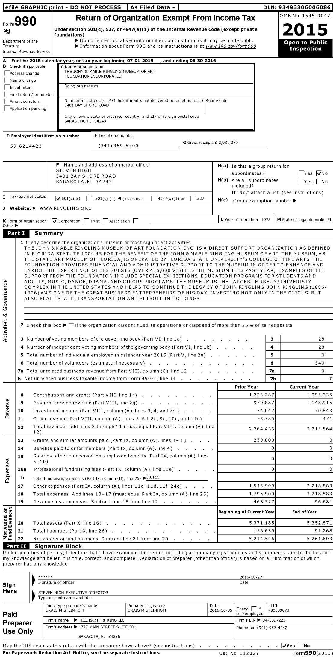 Image of first page of 2015 Form 990 for The John and Mable Ringling Museum of Art Foundation Incorporated