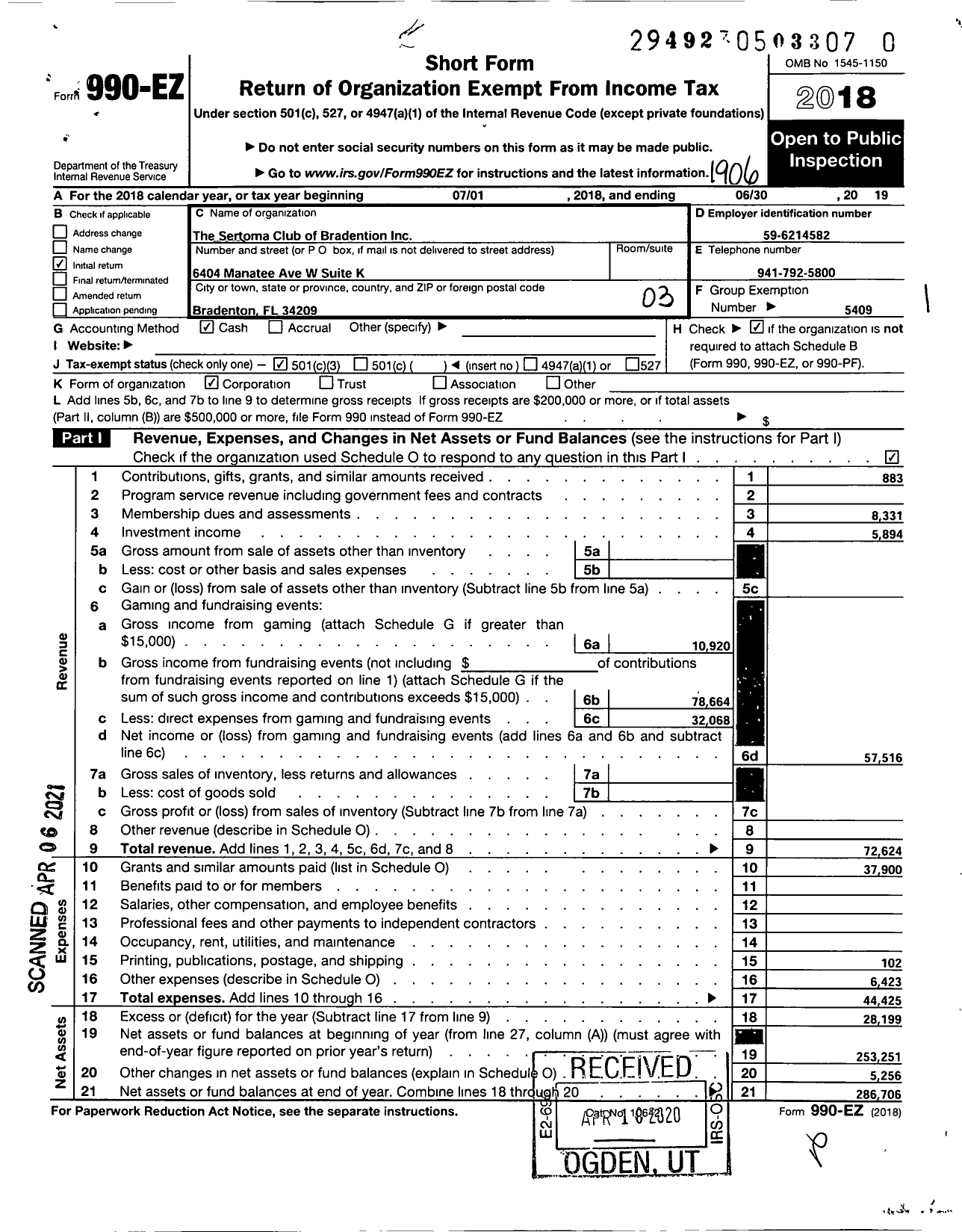 Image of first page of 2018 Form 990EZ for The Sertoma Club of Bradenton