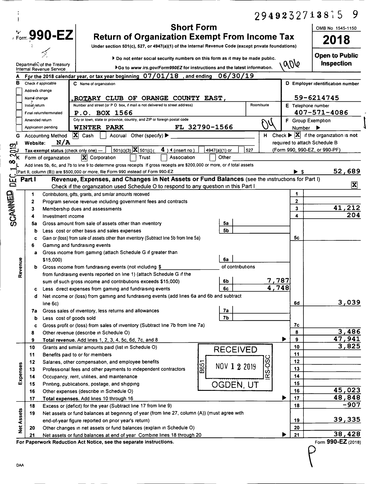 Image of first page of 2018 Form 990EO for Rotary International - Orange County East Winter Park Rota