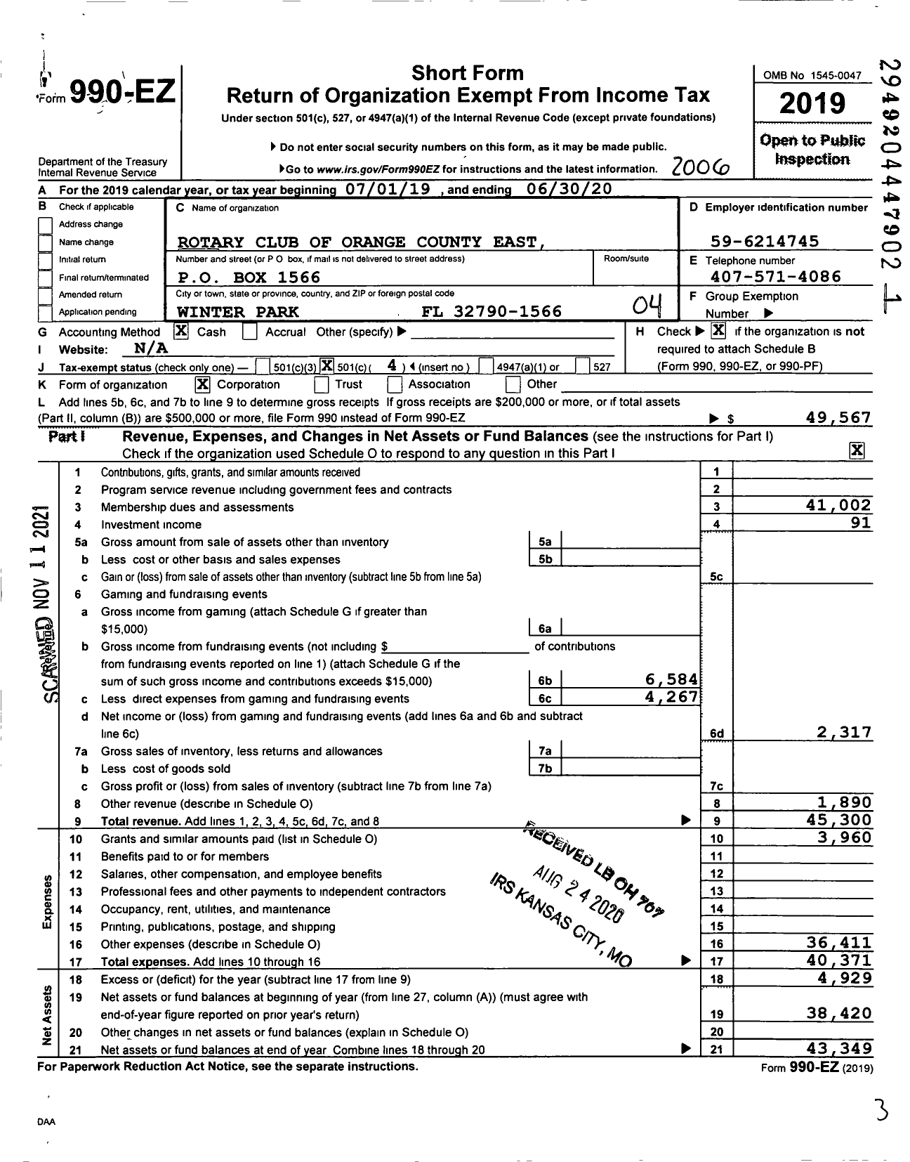 Image of first page of 2019 Form 990EO for Rotary International - Orange County East Winter Park Rota