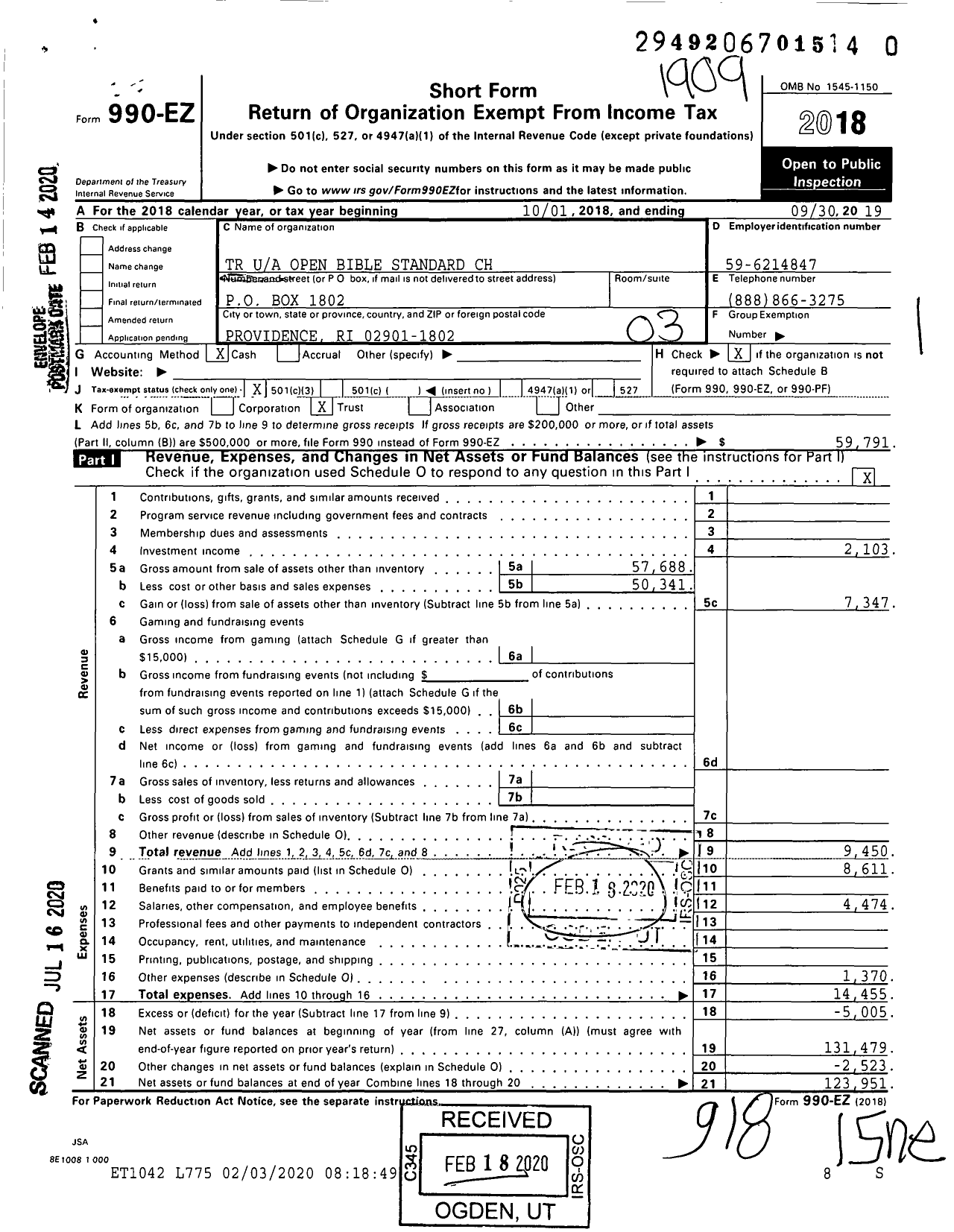 Image of first page of 2018 Form 990EZ for TR Open Bible Standard CH