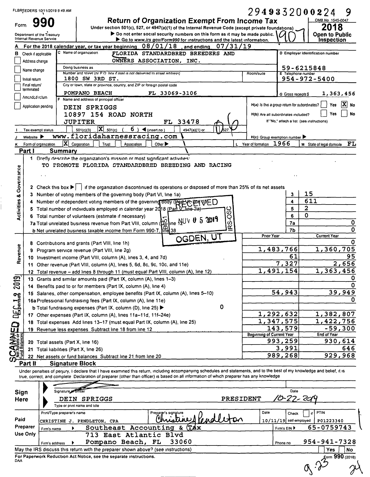 Image of first page of 2018 Form 990O for Florida Standardbred Breeders and Owners Association (FSBOA)