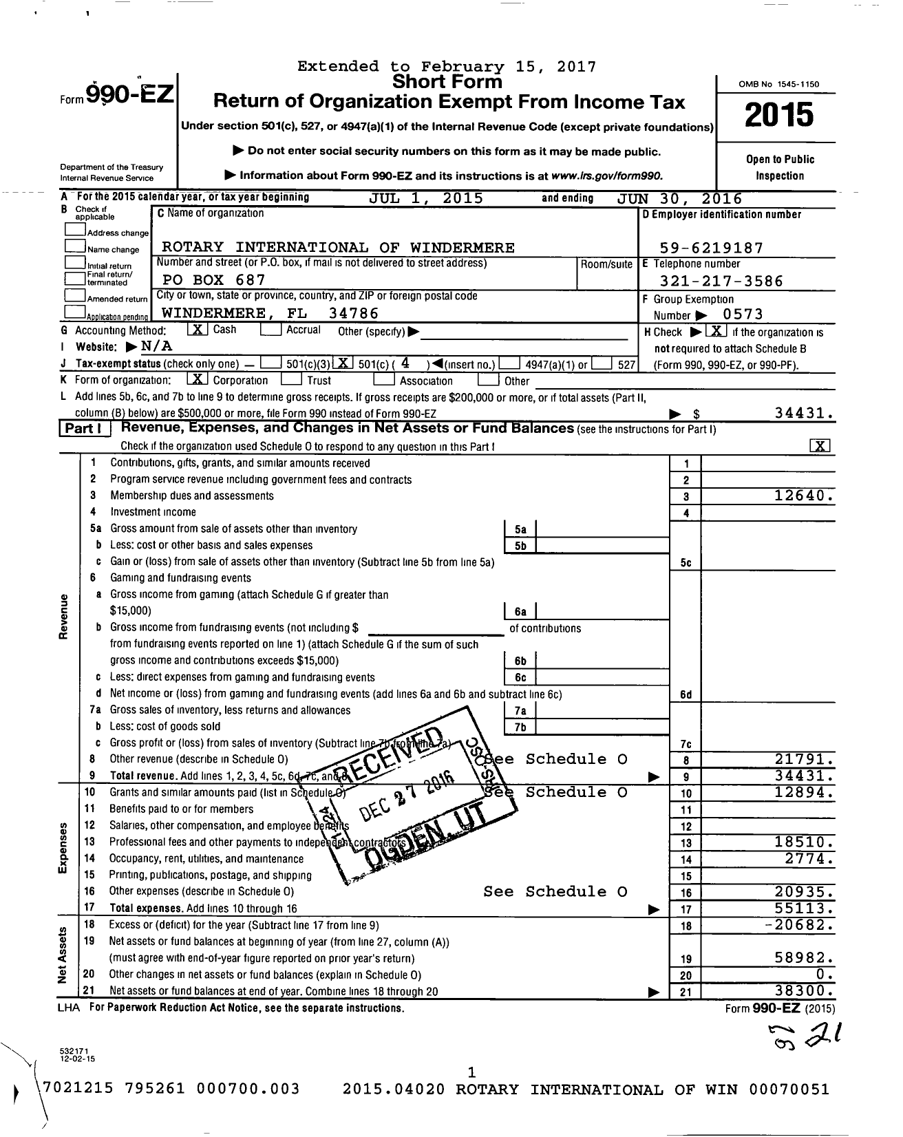 Image of first page of 2015 Form 990EO for Rotary International - Windermere