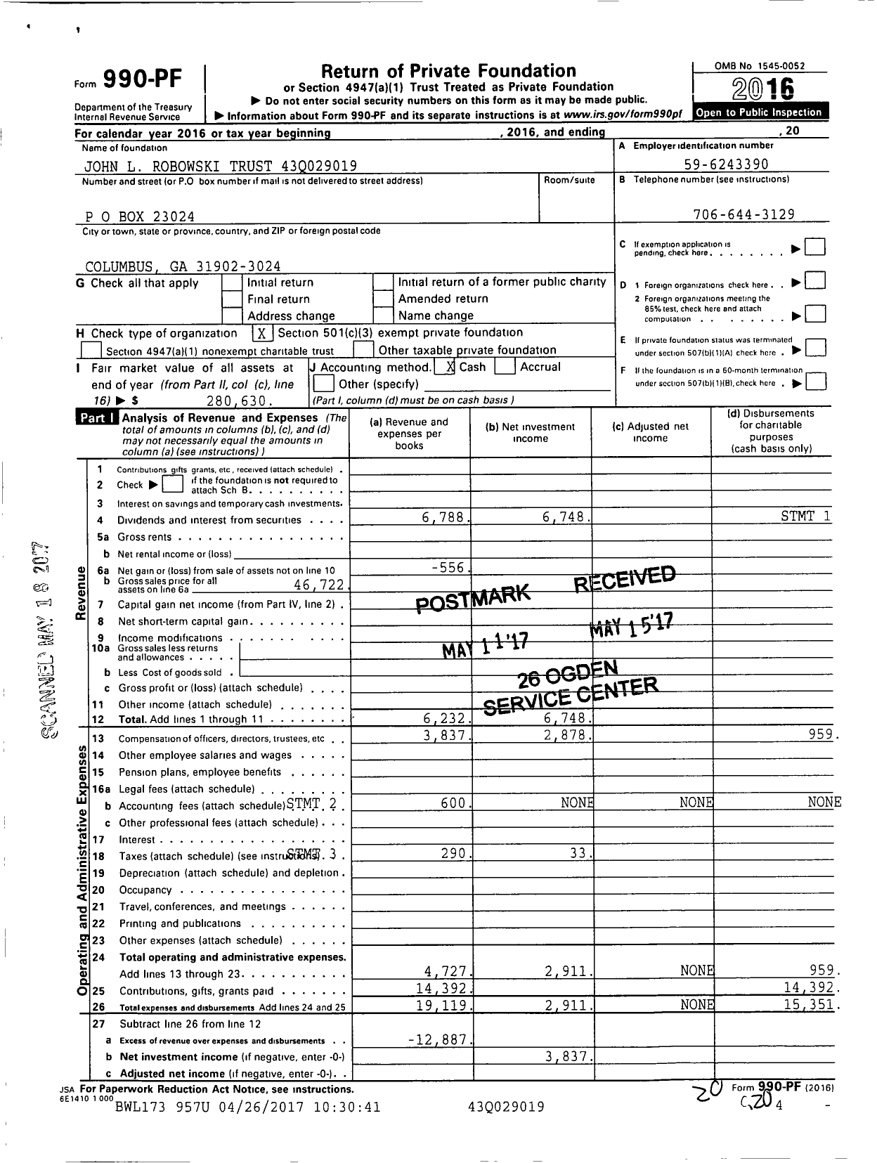 Image of first page of 2016 Form 990PF for John L Robowski 43q029019