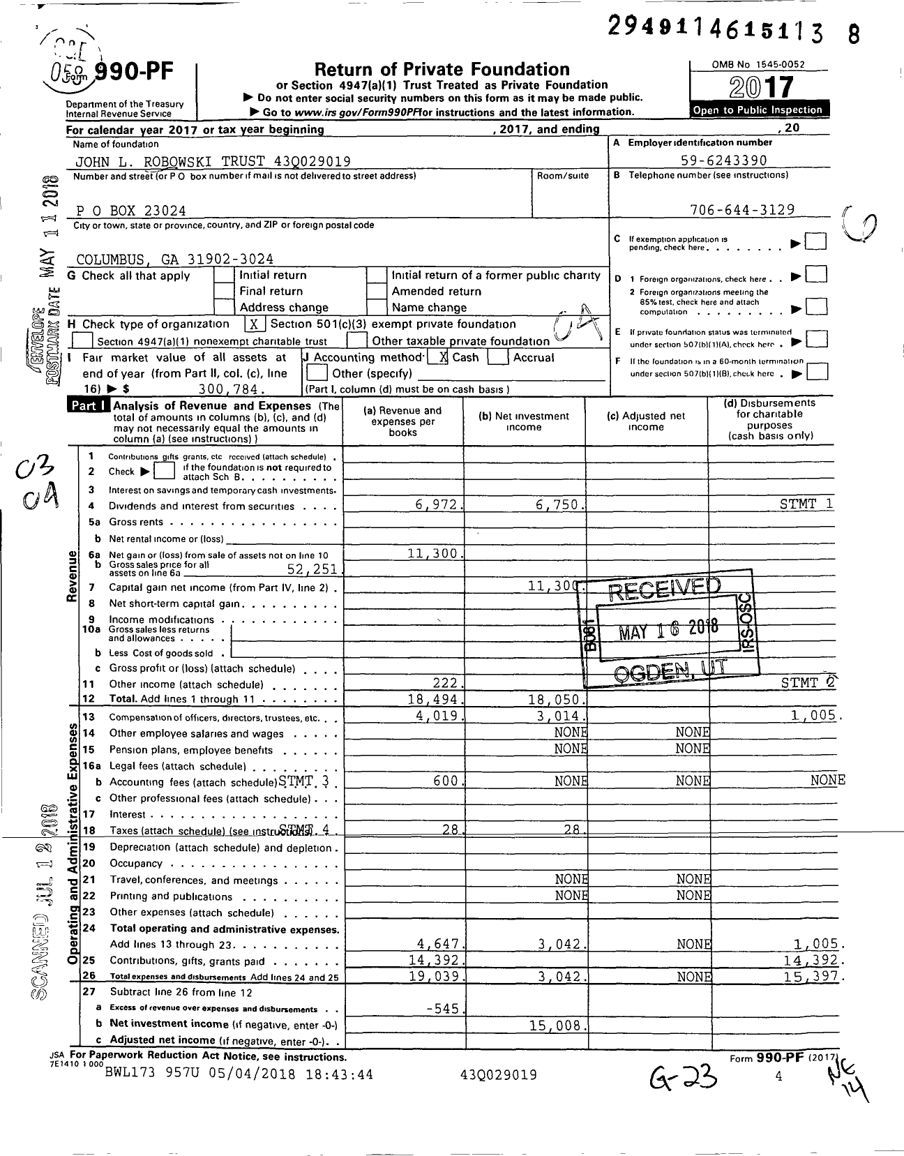 Image of first page of 2017 Form 990PF for John L Robowski 43q029019