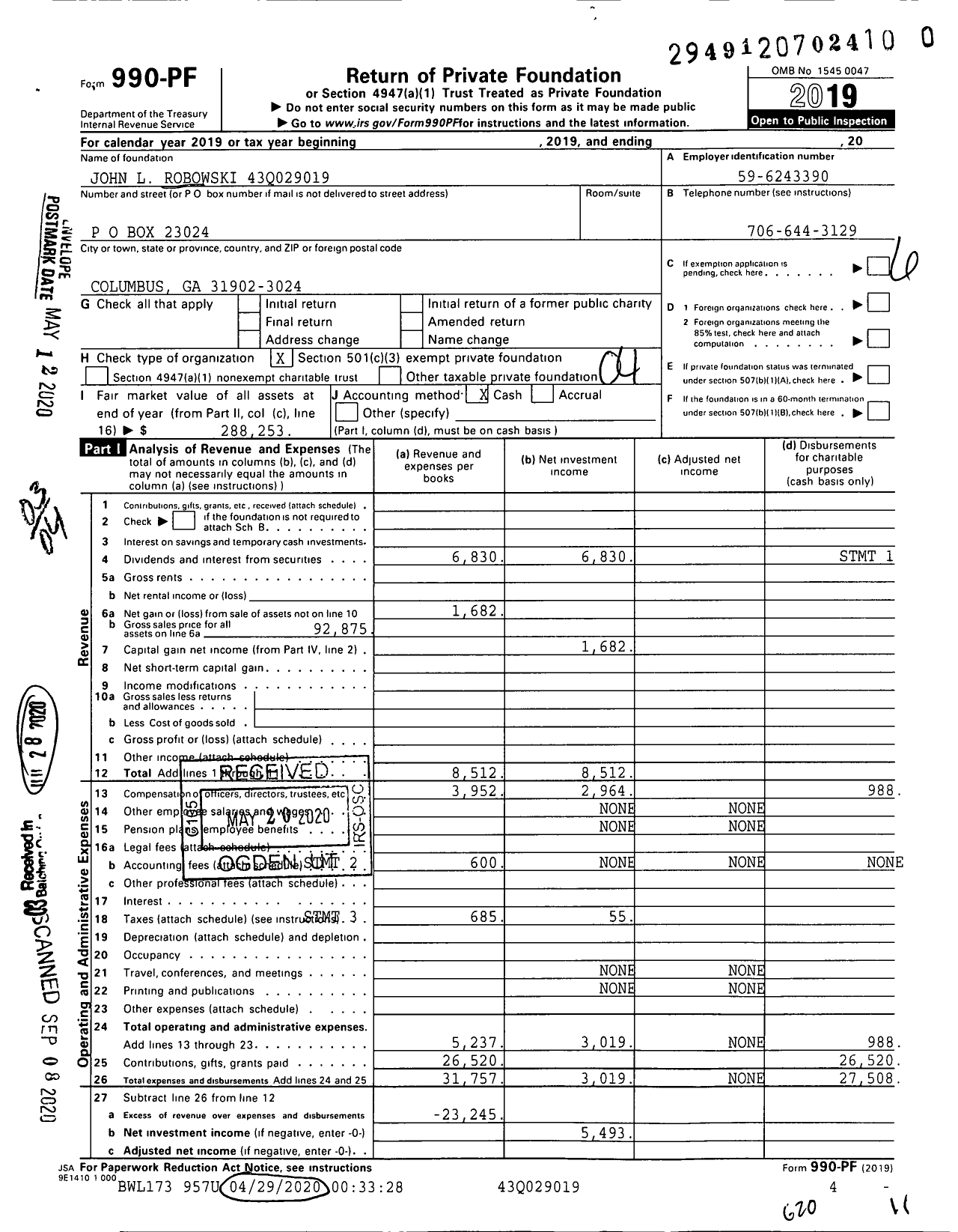 Image of first page of 2019 Form 990PR for John L Robowski 43q029019