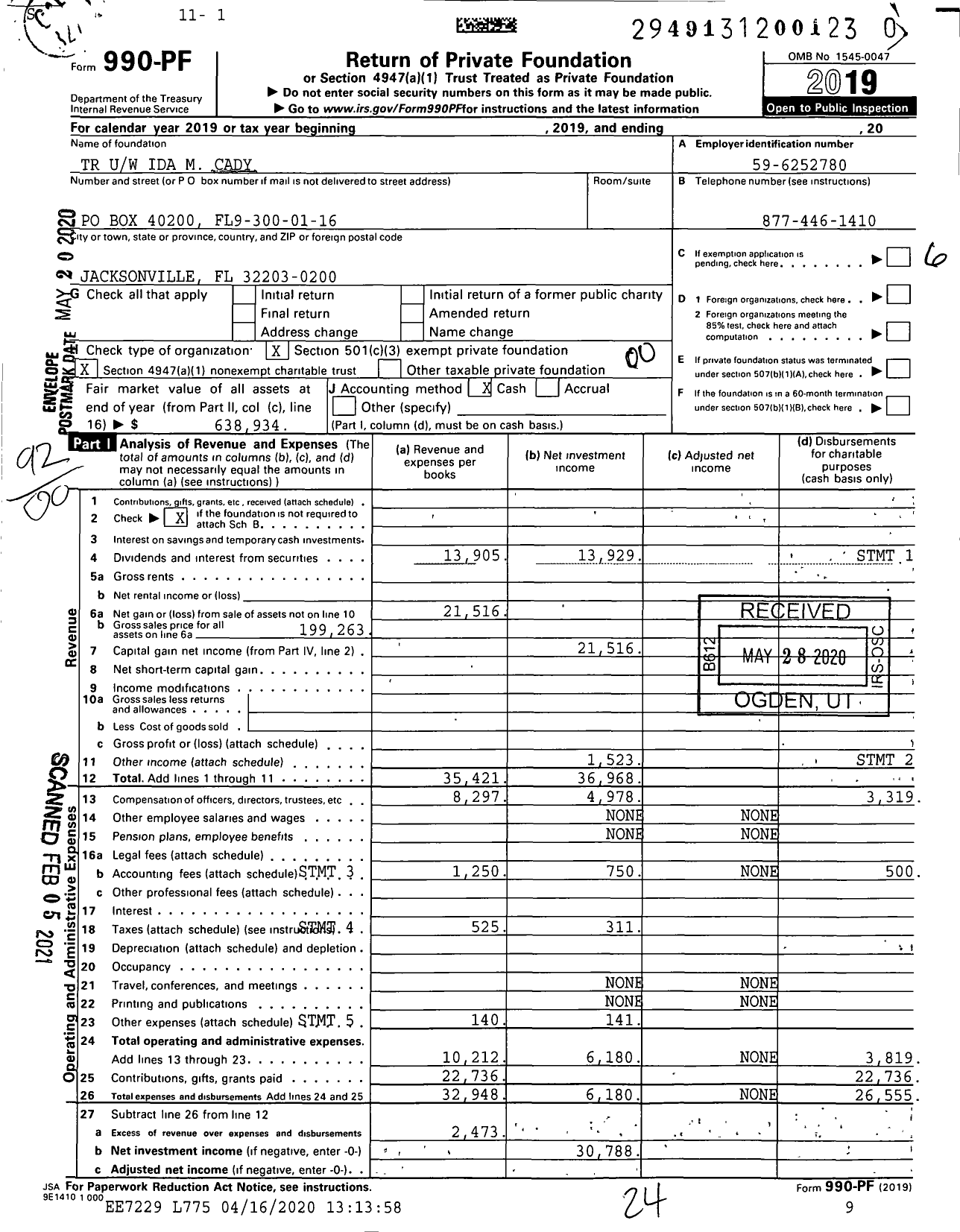 Image of first page of 2019 Form 990PF for TR Uw Ida M Cady