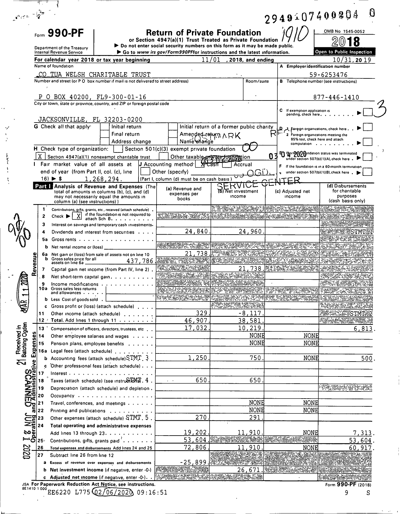 Image of first page of 2018 Form 990PR for Co Tua Welsh Charitable Trust