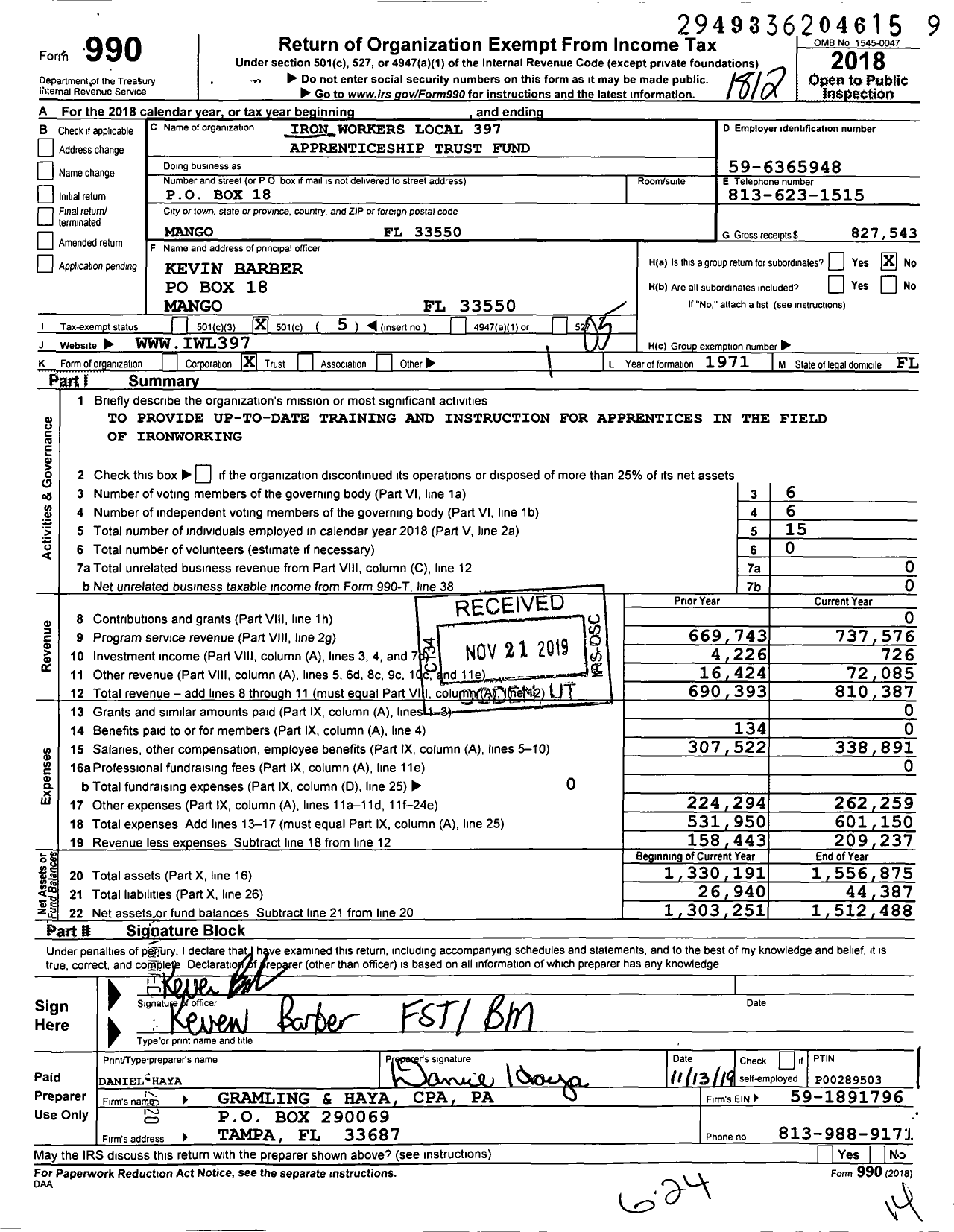 Image of first page of 2018 Form 990O for Iron Workers Lu 397 Apprenticeship Trust Fund