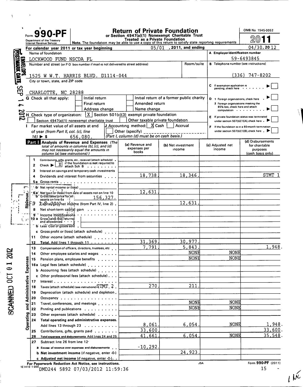 Image of first page of 2011 Form 990PF for Lockwood Fund Nscda FL