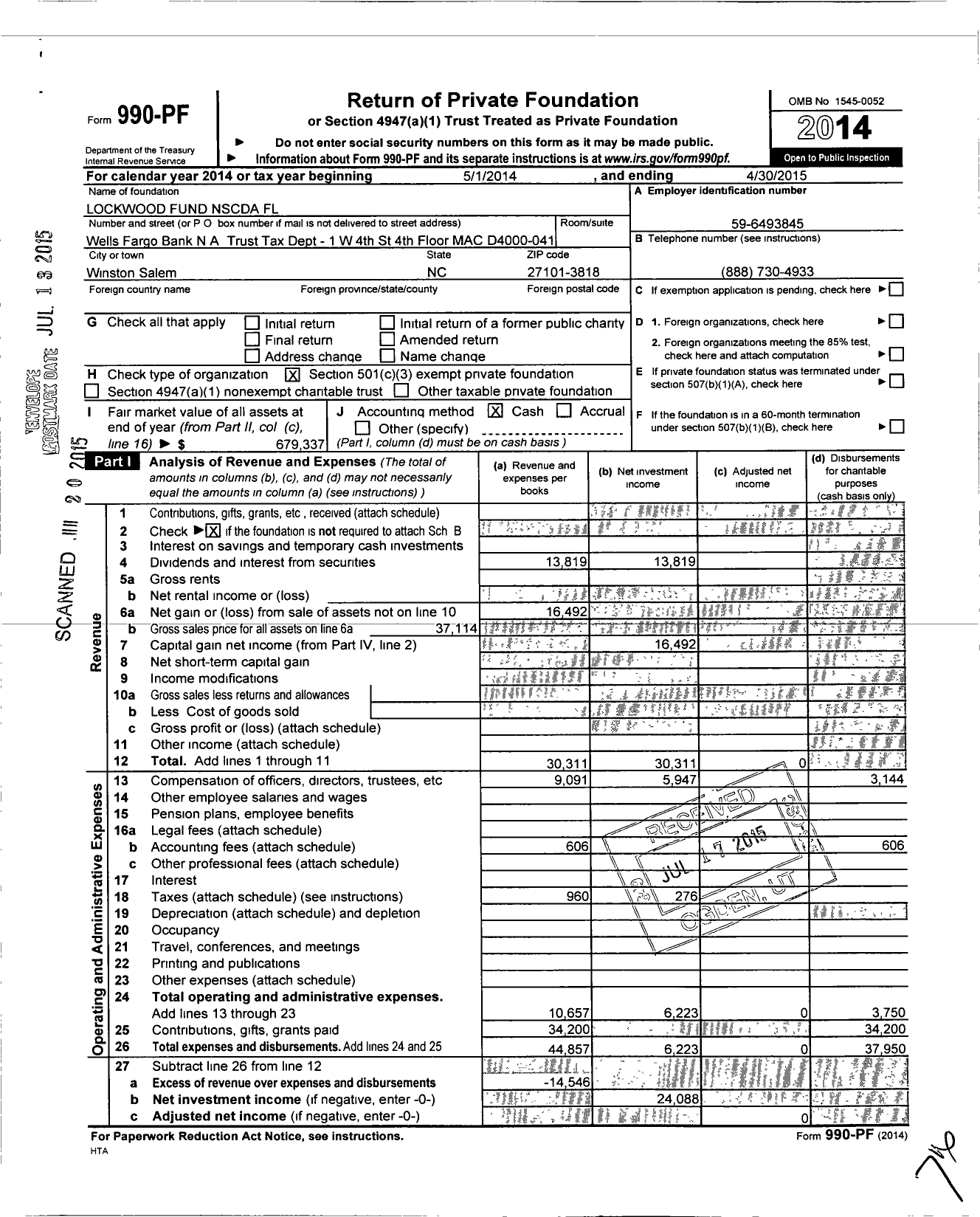 Image of first page of 2014 Form 990PF for Lockwood Fund Nscda FL