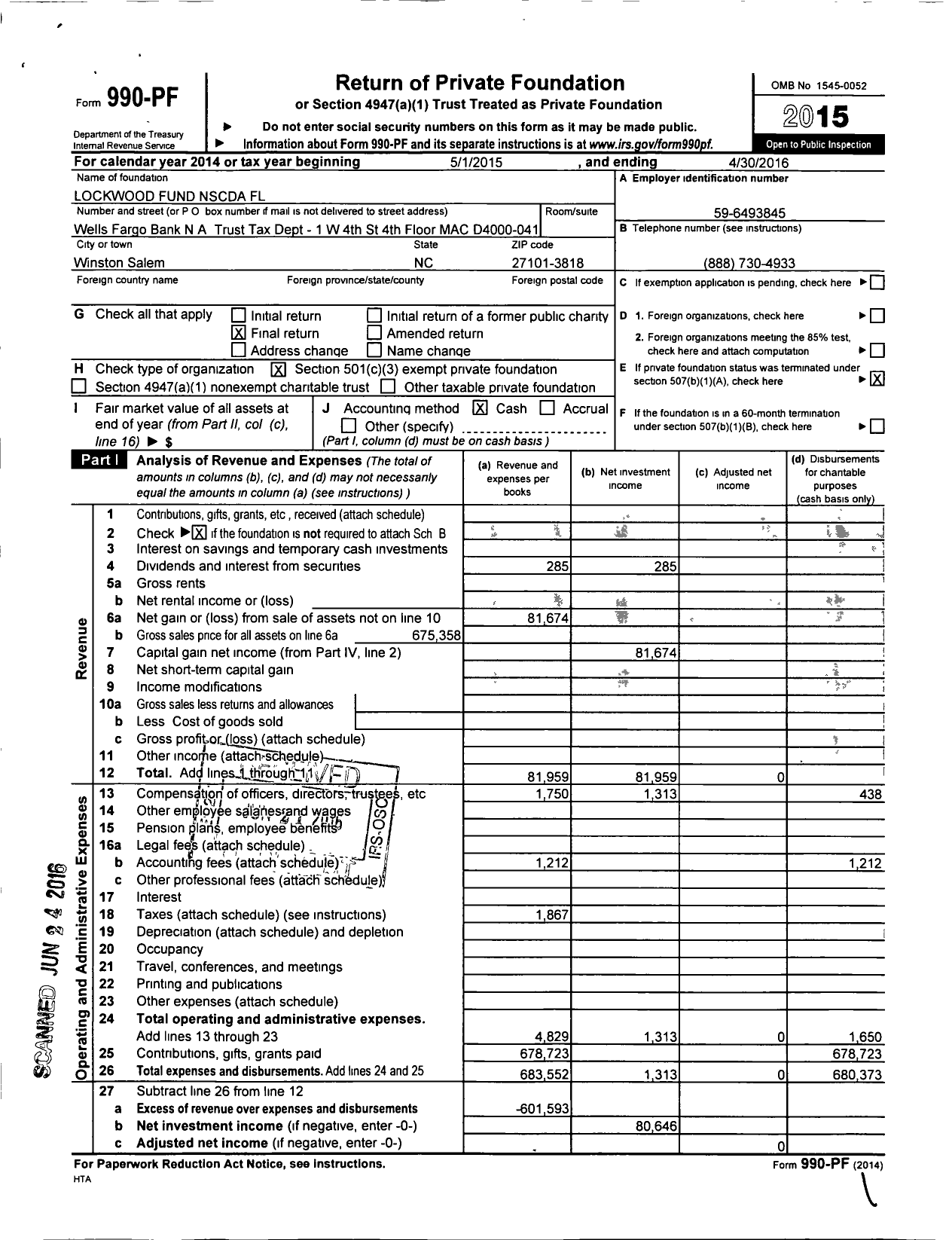 Image of first page of 2015 Form 990PF for Lockwood Fund Nscda FL