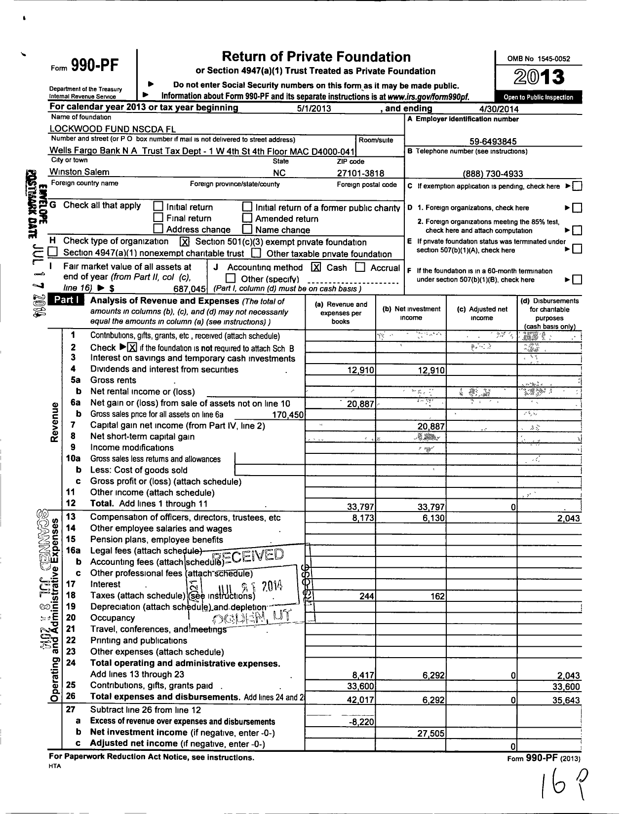 Image of first page of 2013 Form 990PF for Lockwood Fund Nscda FL