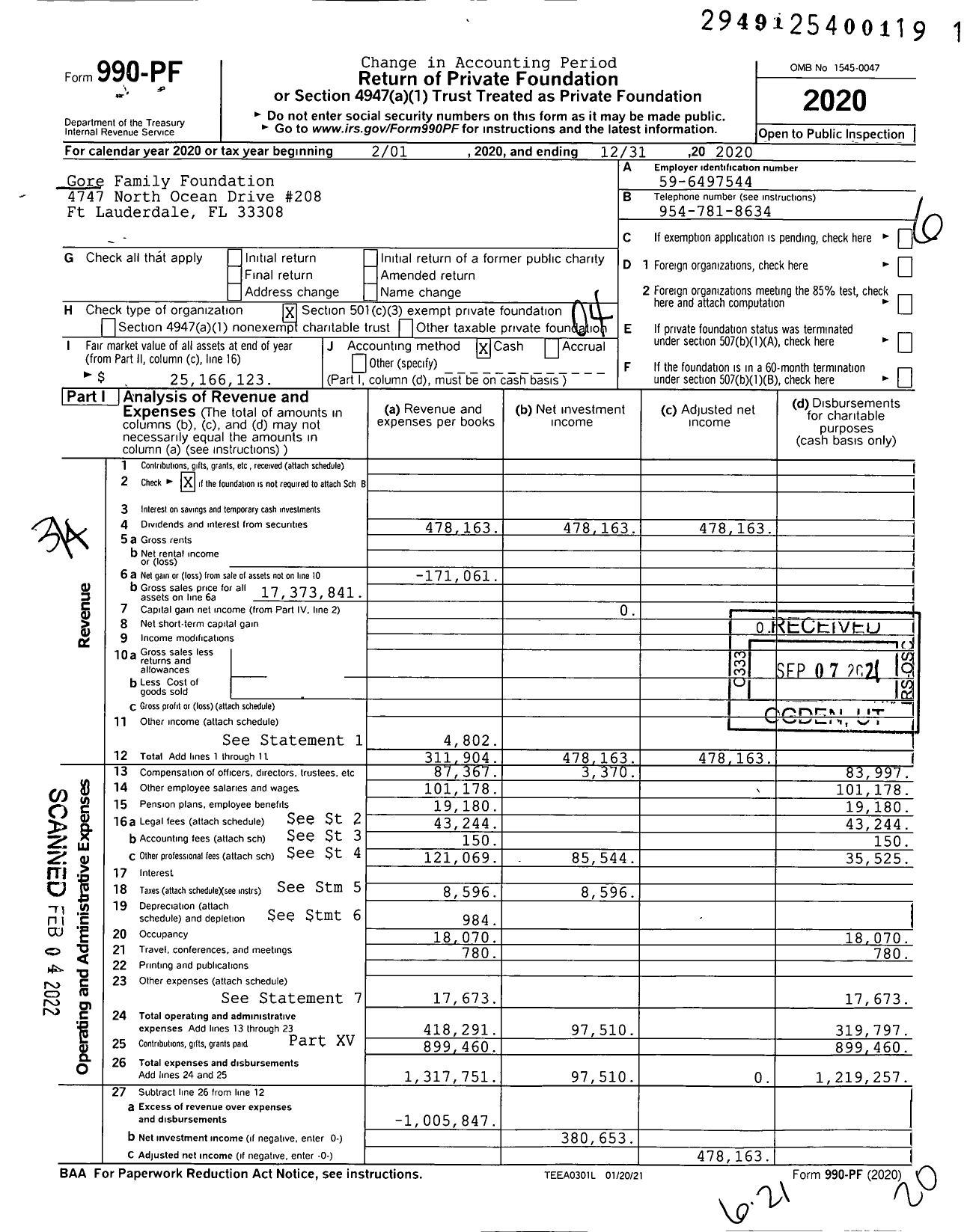 Image of first page of 2020 Form 990PF for Gore Family Memorial Foundation